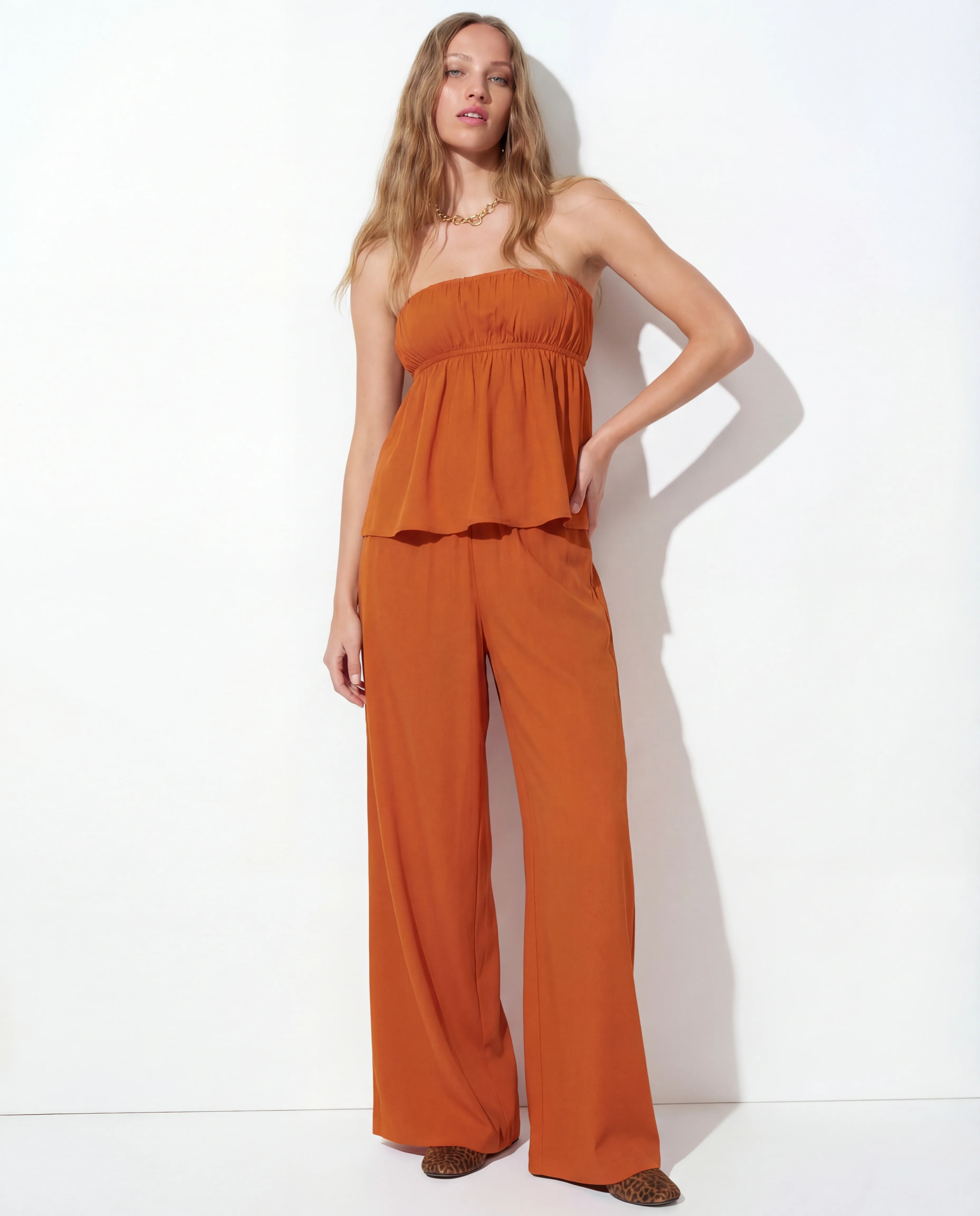 Burnt Orange Bandeau Top And Pants Co Ord Set