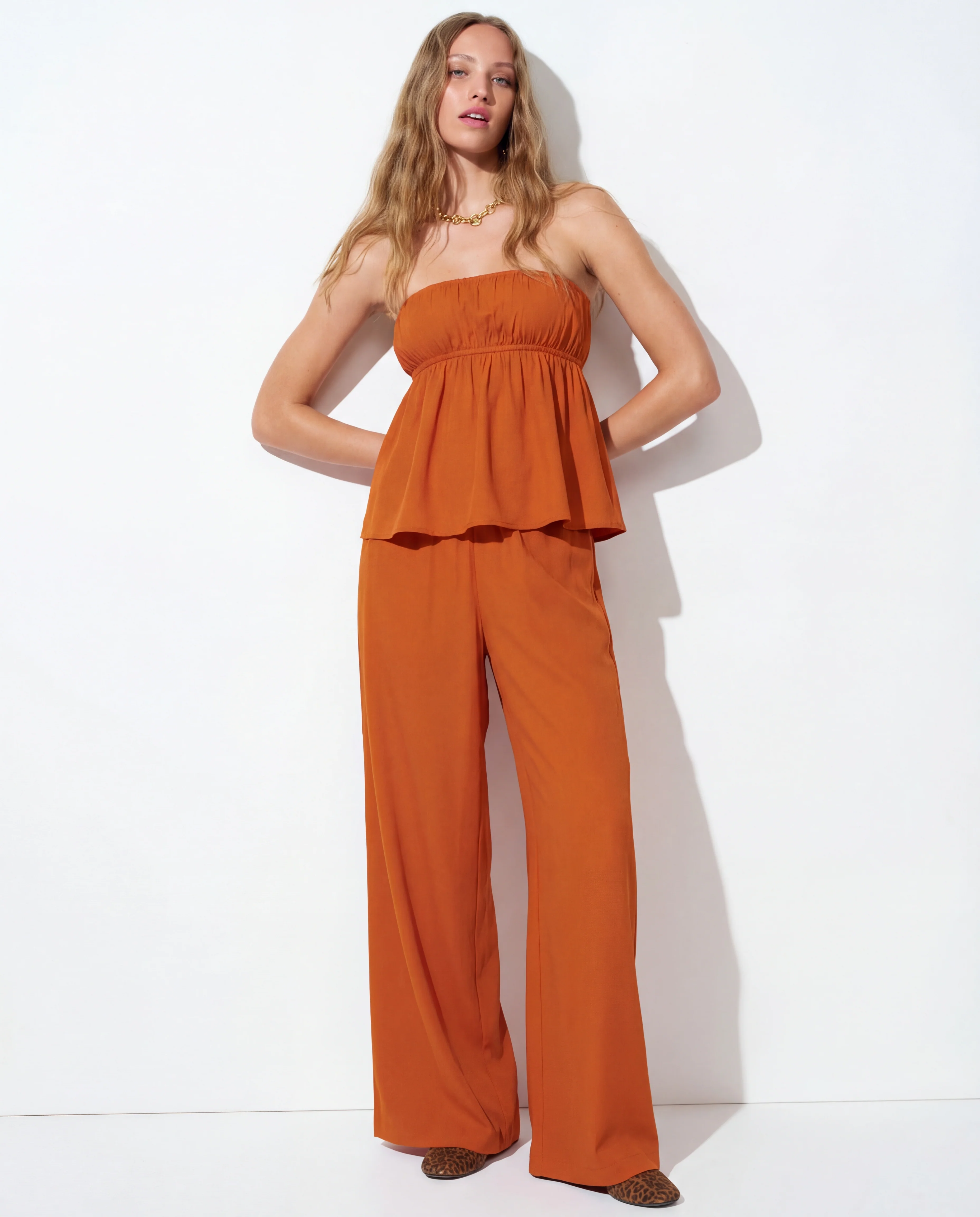 Burnt Orange Bandeau Top And Pants Co Ord Set - Image 2