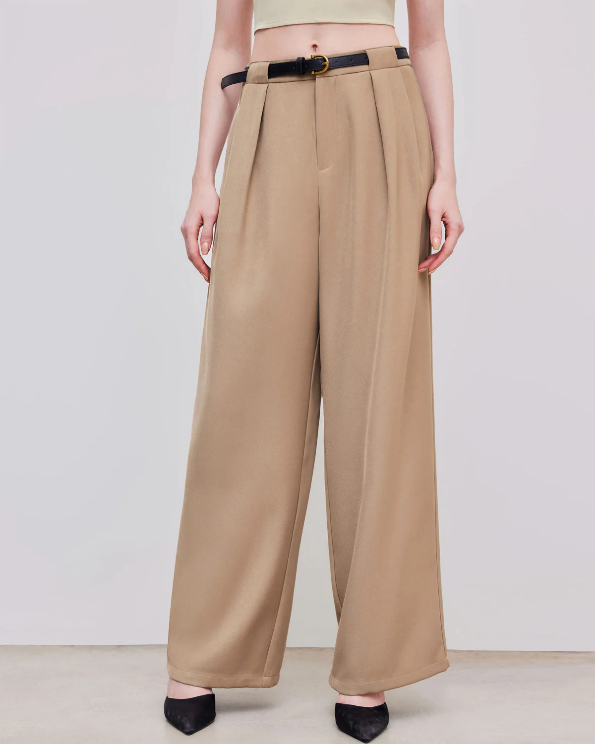 Beige Pleated Pants With Belt - Image 6