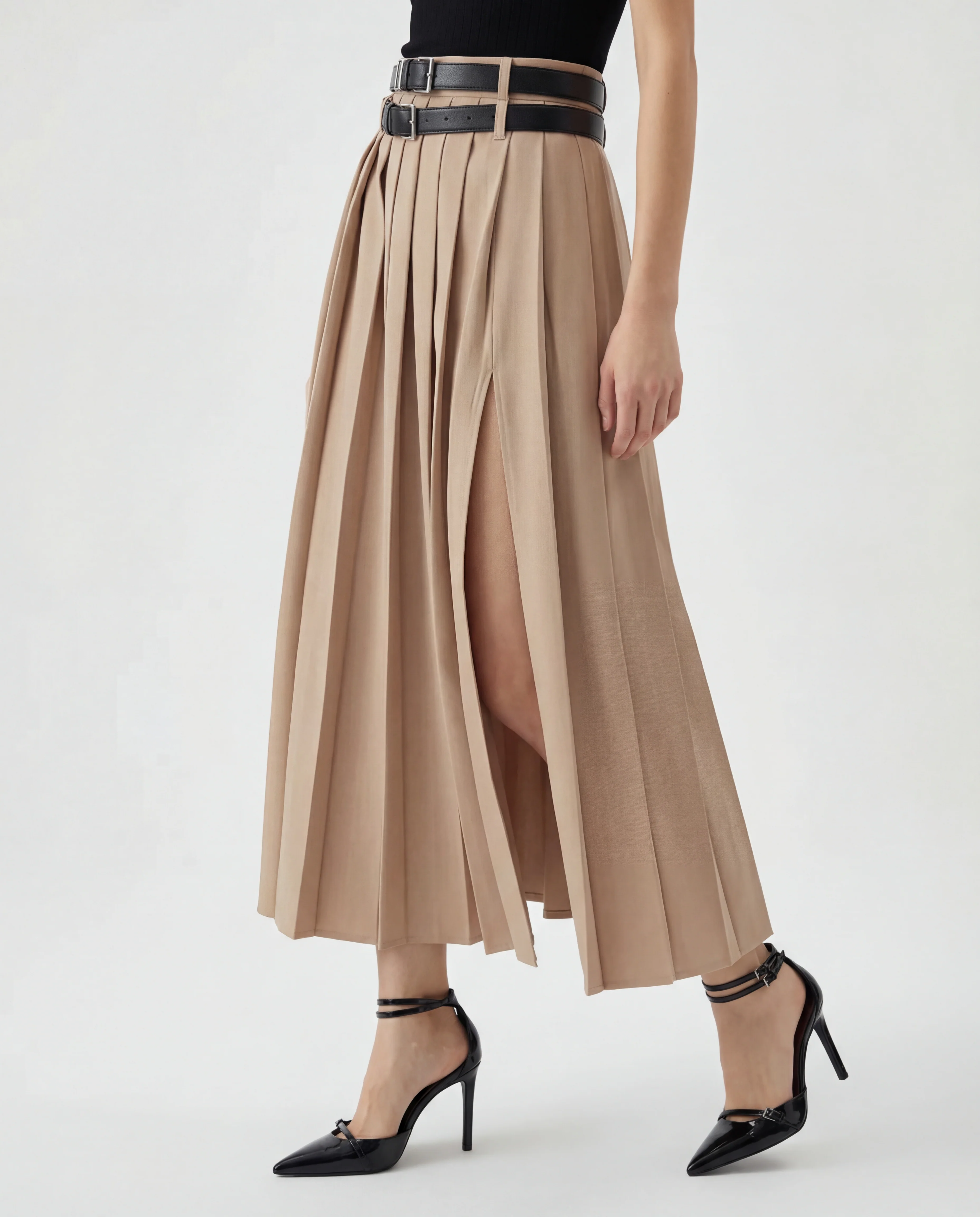 Beige Pleated Split Skirt With Two Detachable Belts - Image 2
