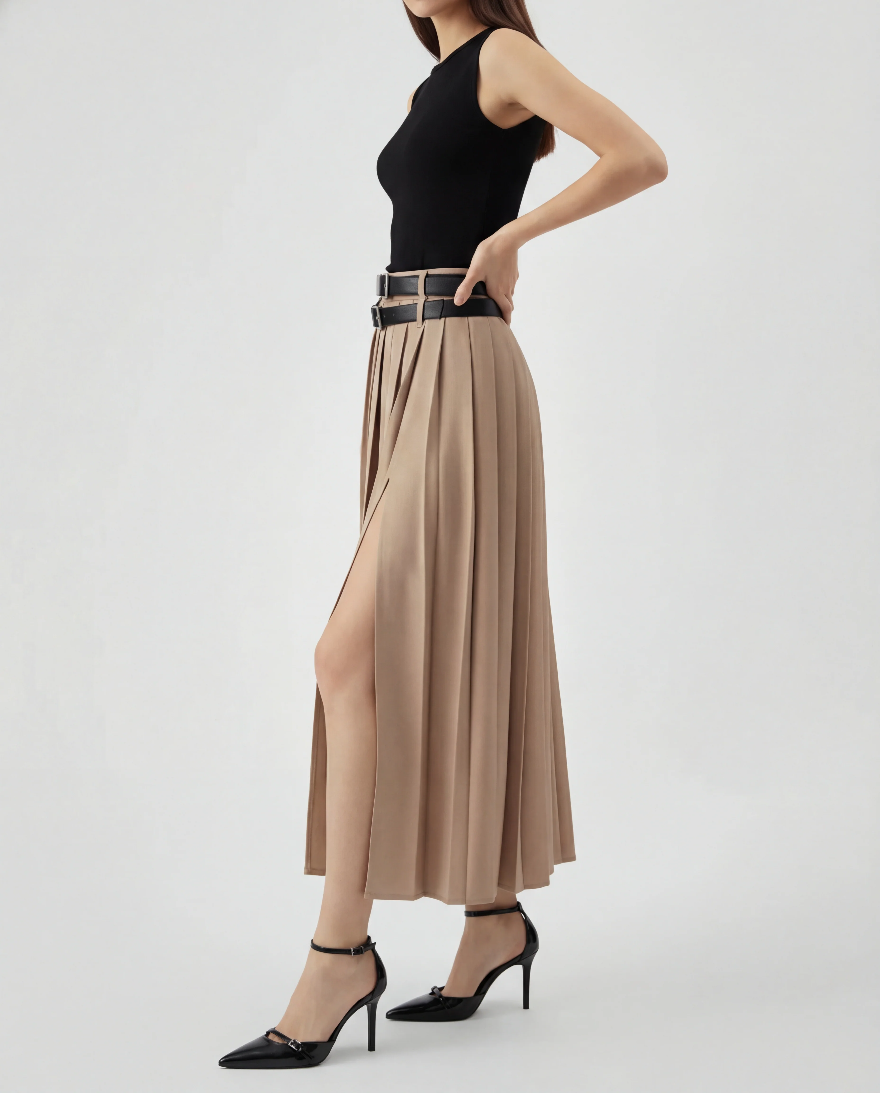 Beige Pleated Split Skirt With Two Detachable Belts - Image 3