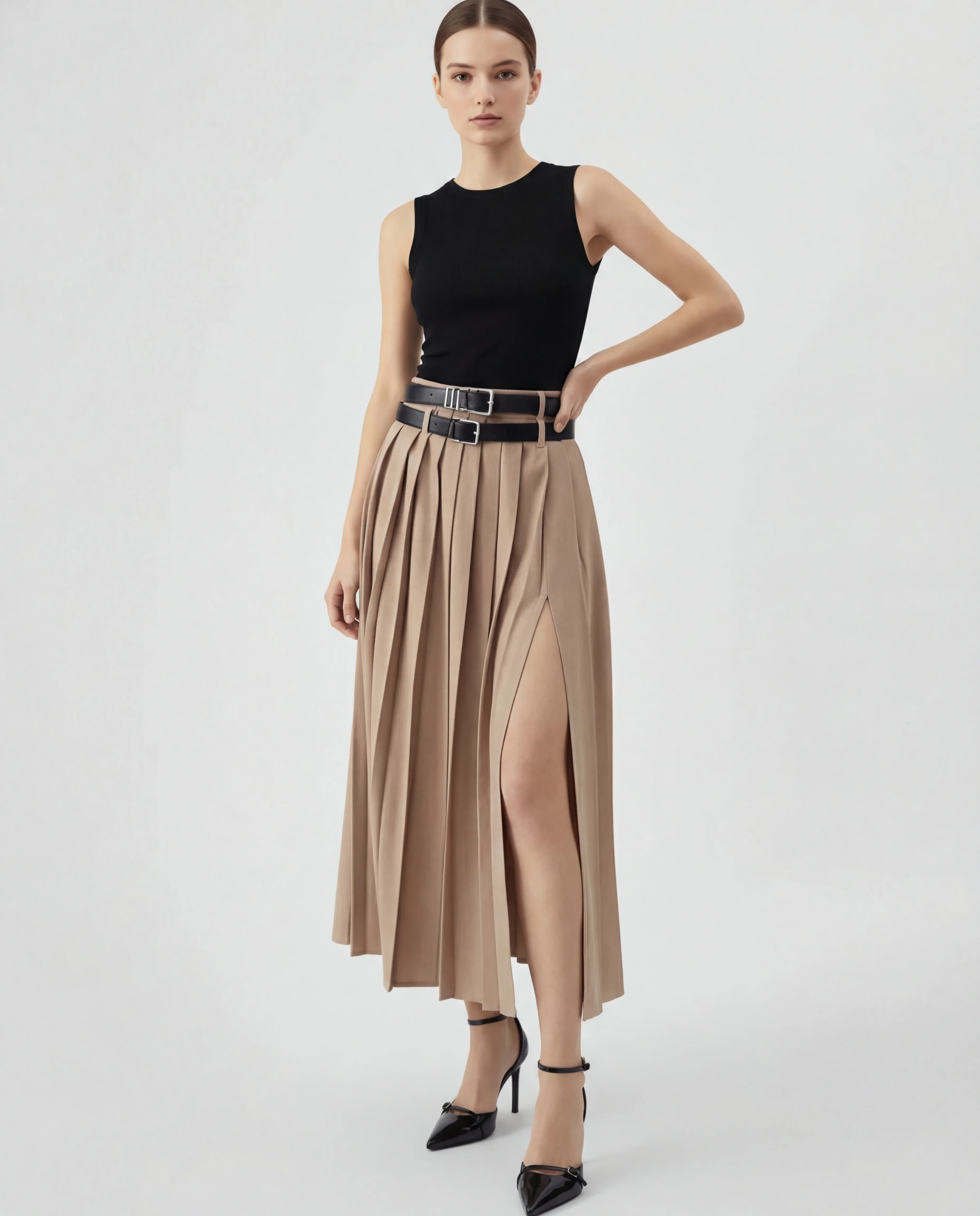 Beige Pleated Split Skirt With Two Detachable Belts - Image 4
