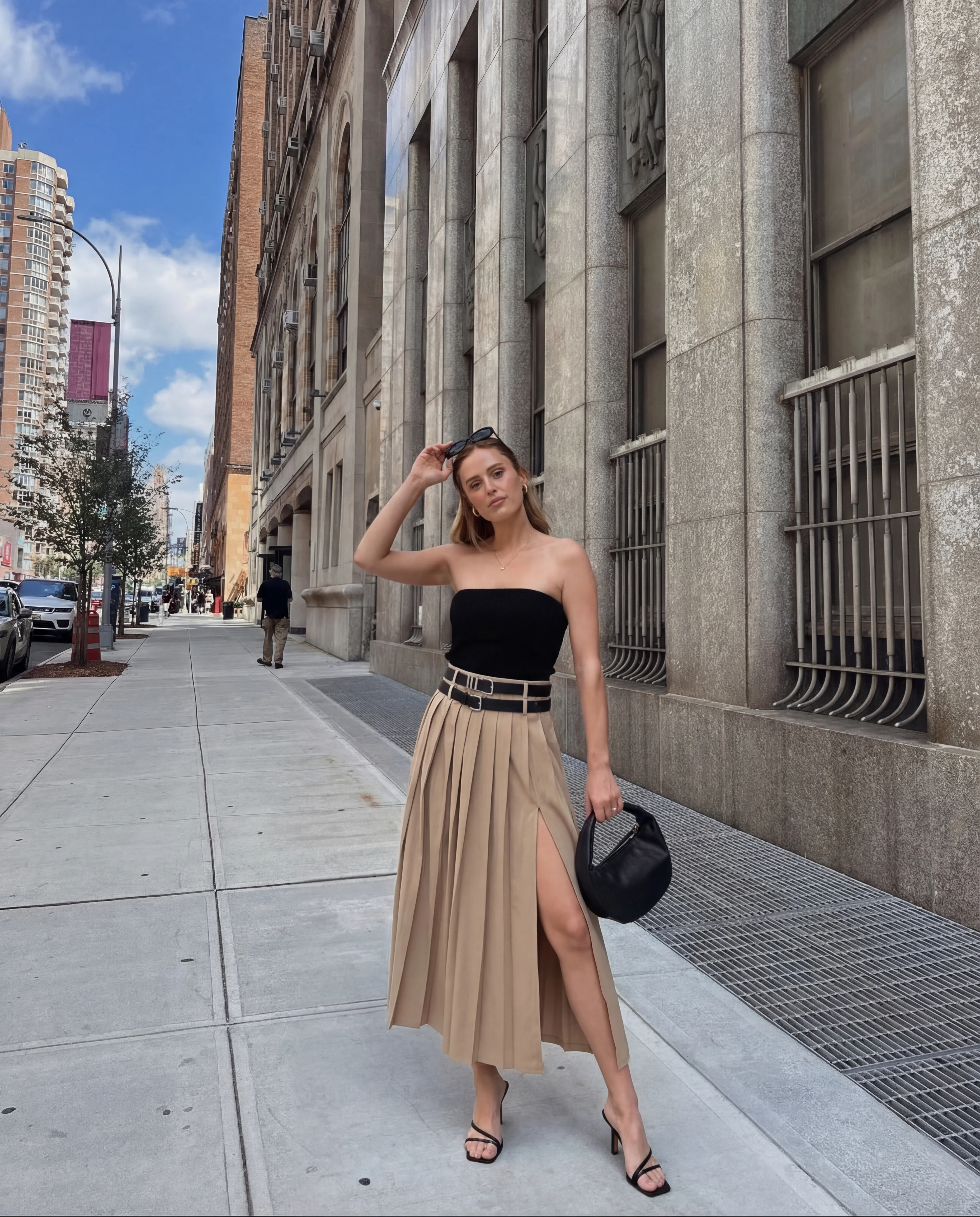 Beige Pleated Split Skirt With Two Detachable Belts - Image 5