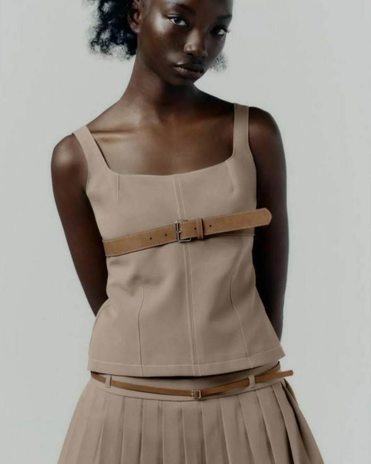 Beige Square Neck Belted Top