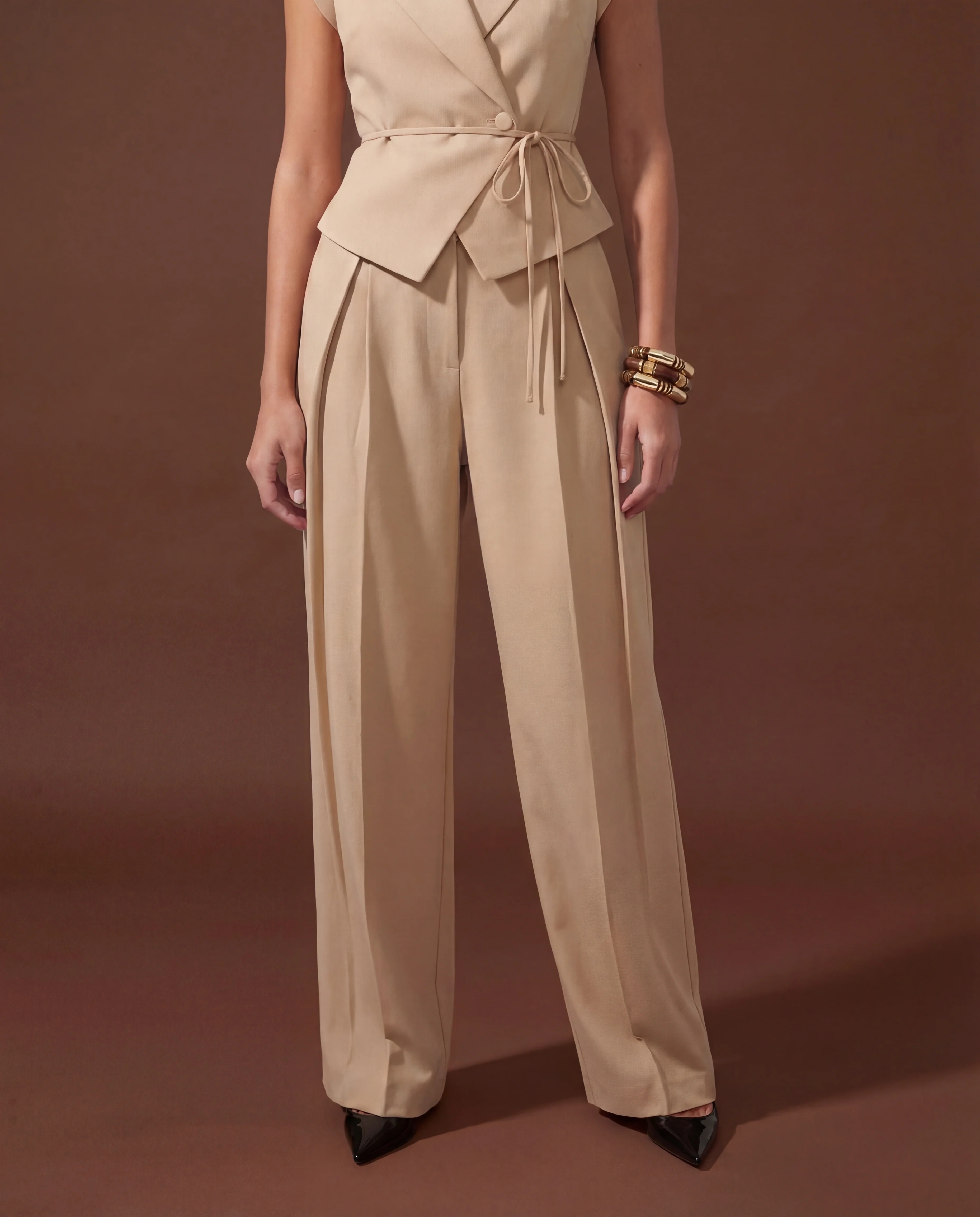 Beige Tie Up Waist Coat Suit Set - Image 4