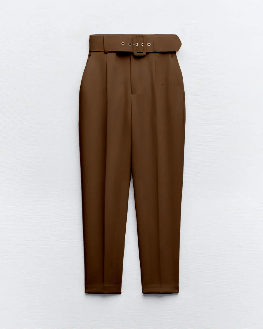 Belted Tapered Pants With Belt - Brown - Image 3
