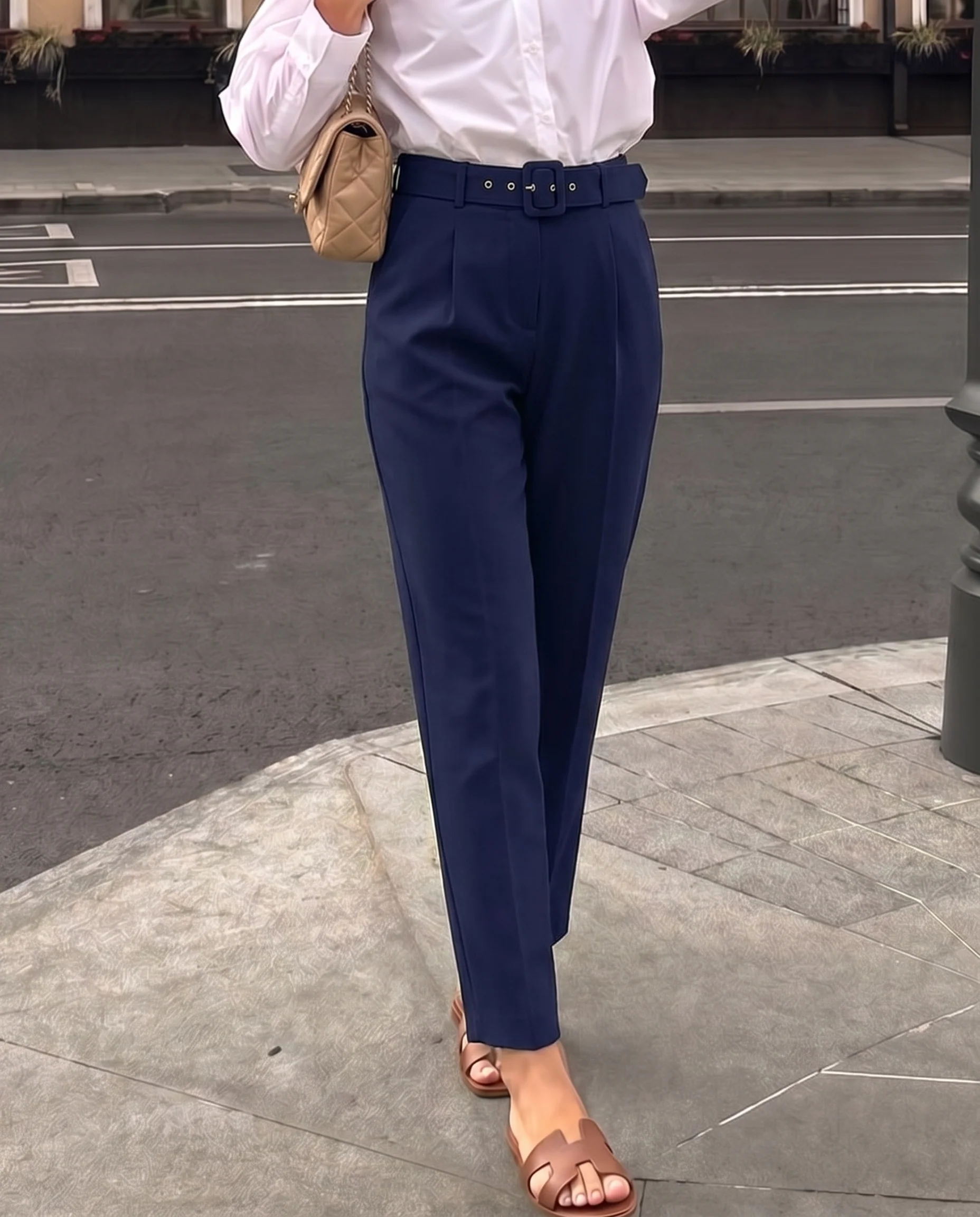 Belted Tapered Pants With Belt - Dark Blue