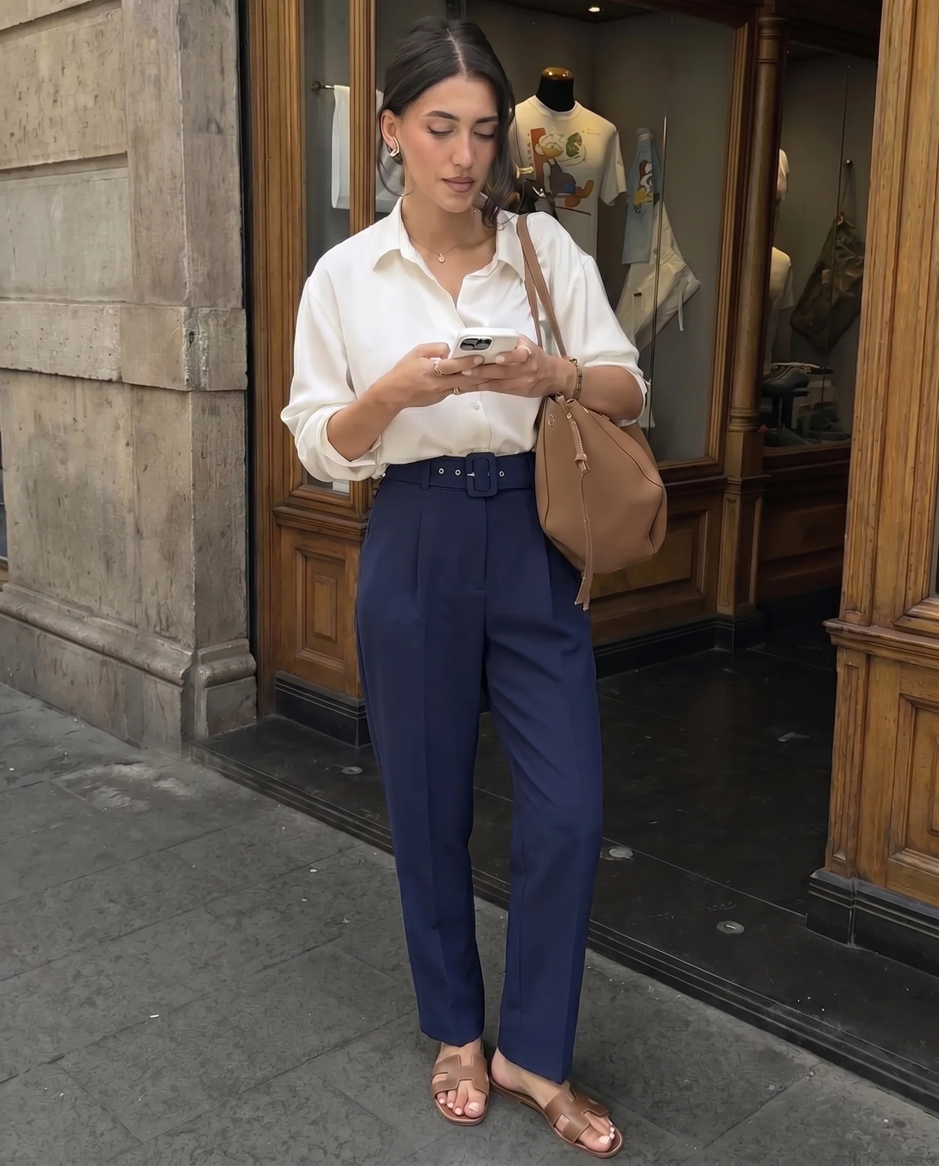 Belted Tapered Pants With Belt - Dark Blue - Image 2