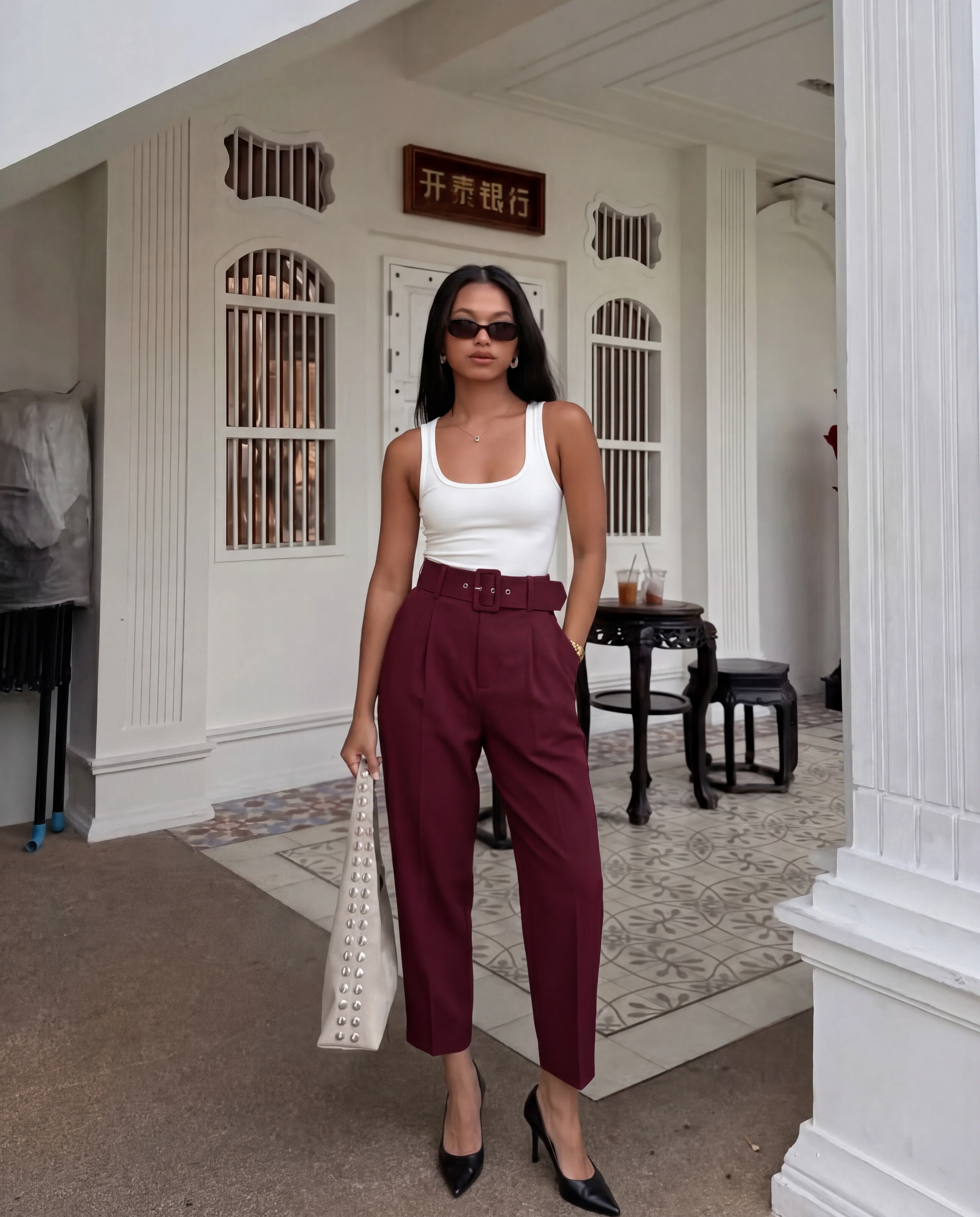 Belted Tapered Pants With Belt - Maroon - Image 3
