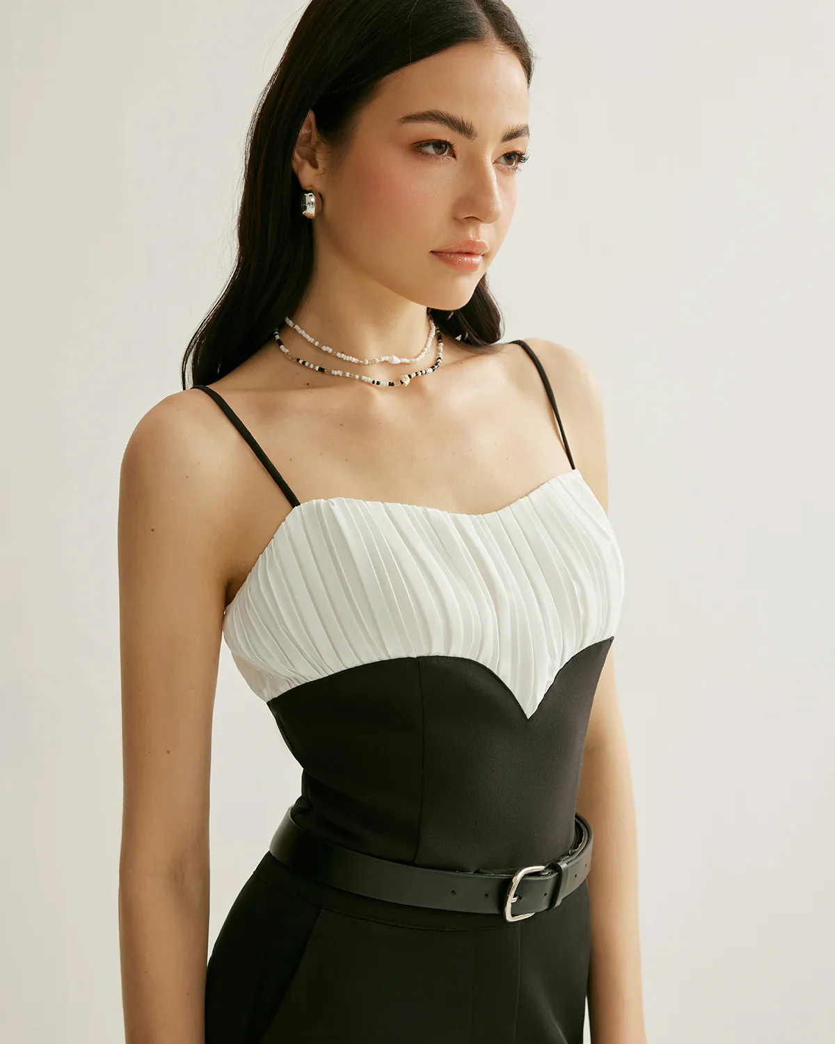 Black And White Ruched Detail Cami Top - Image 2