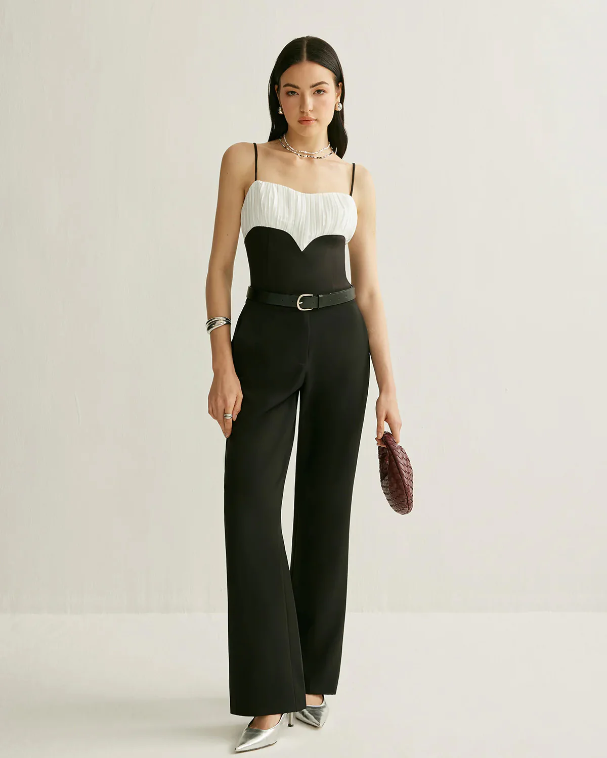 Black And White Ruched Detail Cami Top - Image 3