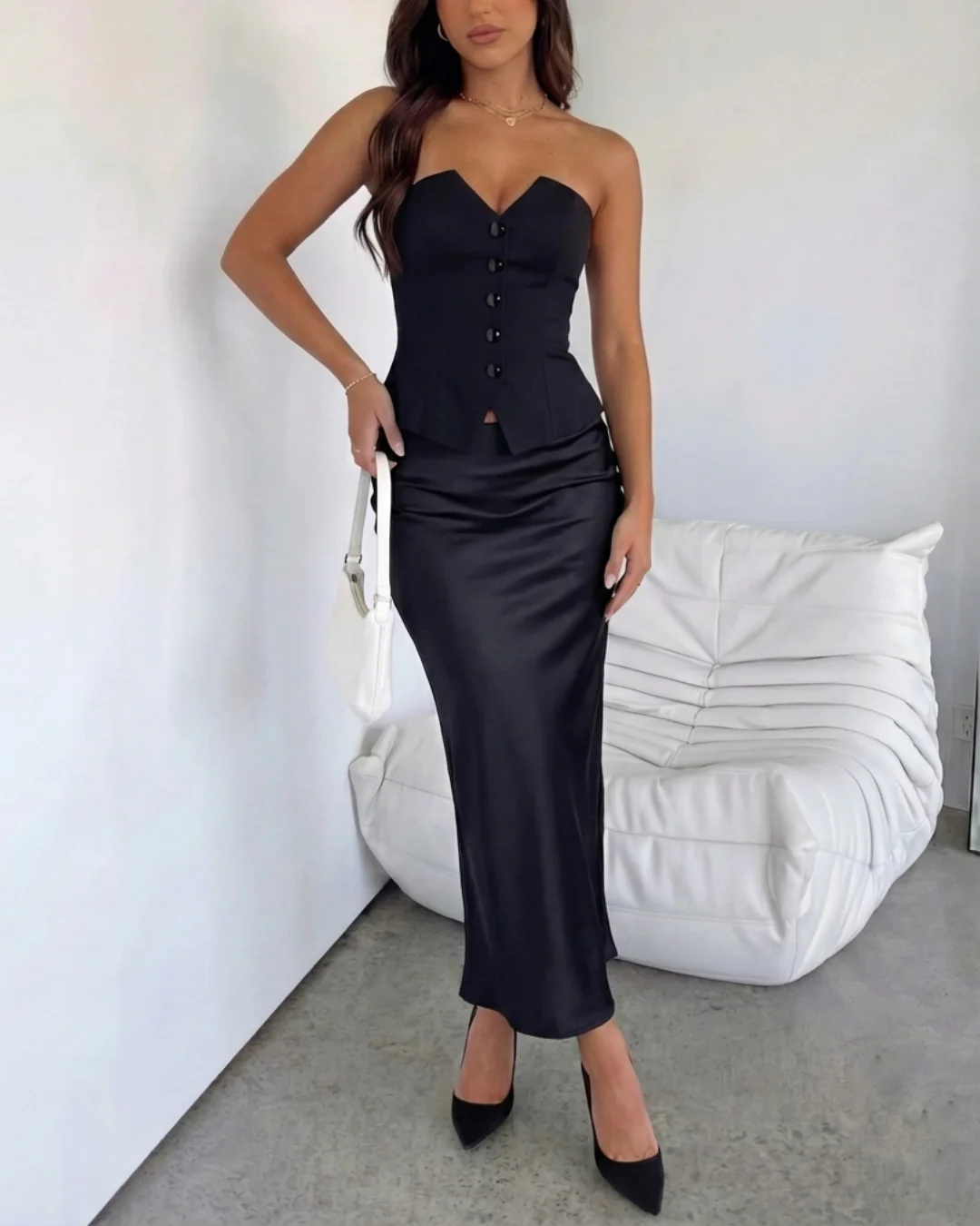 Black Bandeau Waistcoat With Satin Skirt Set - Image 5