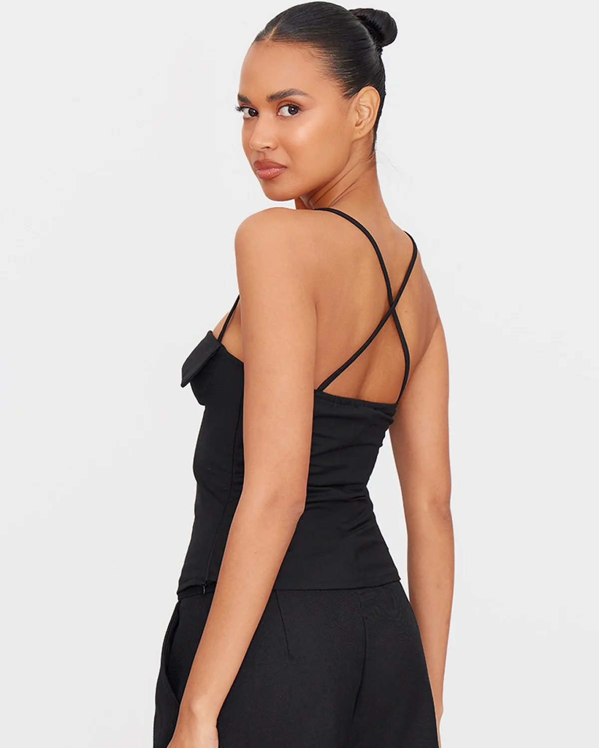 Black Bustier Fitted Cross Strap Top - Image 2