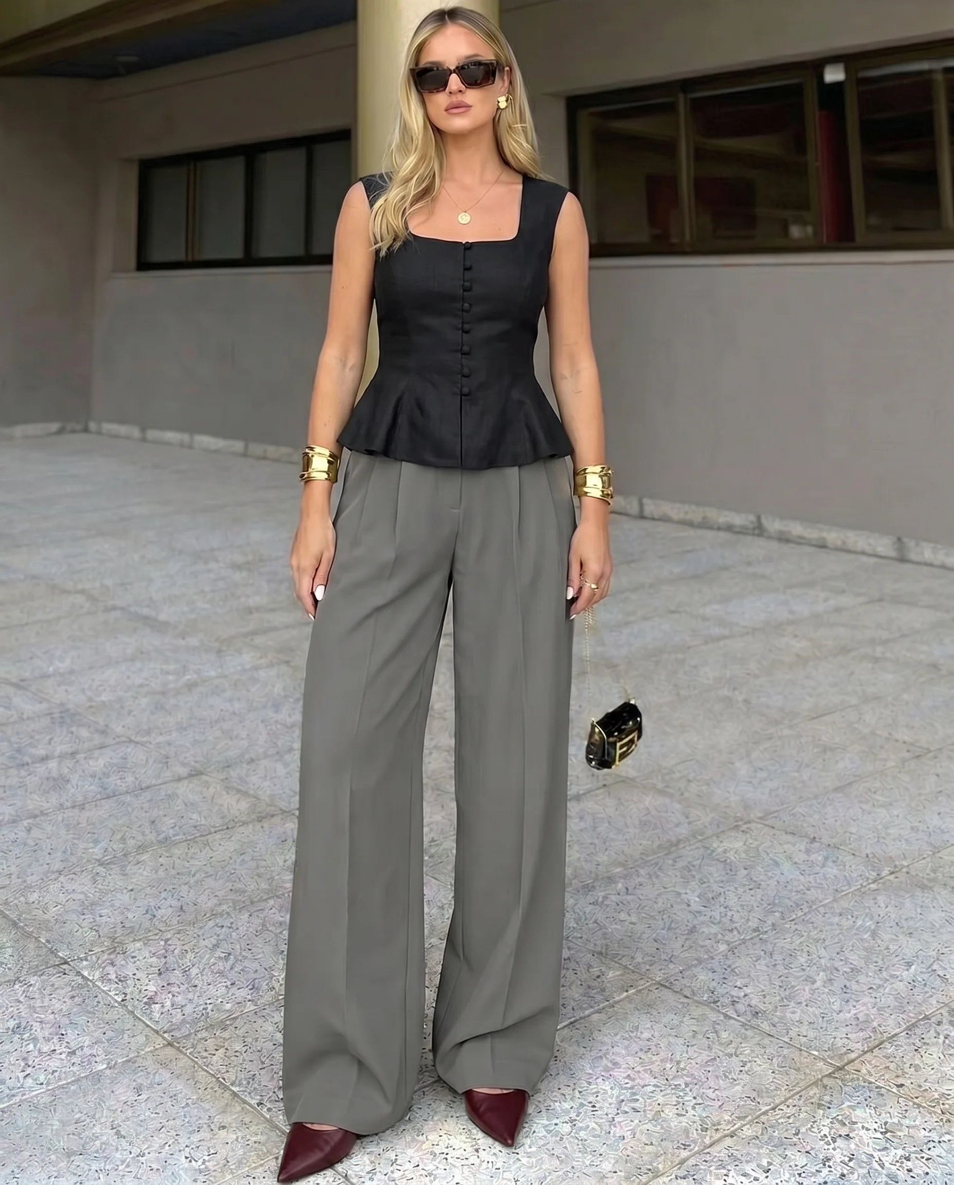 Black Buttoned Peplum Top and Grey Corset Waist pants - Image 3