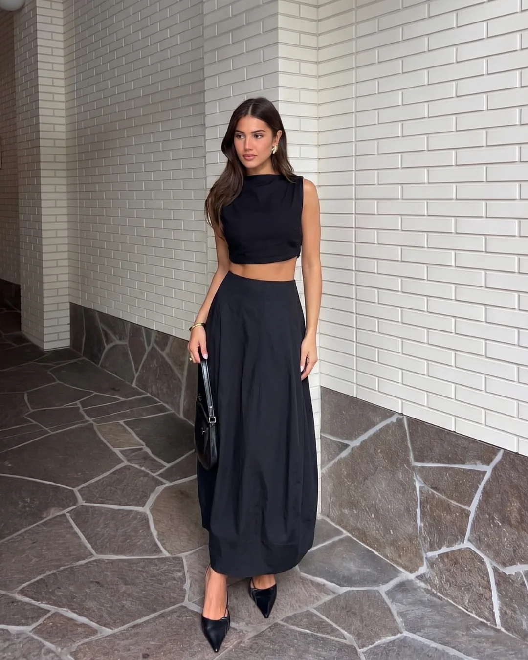 Black Crop Top And Midi Skirt Co Ord Set