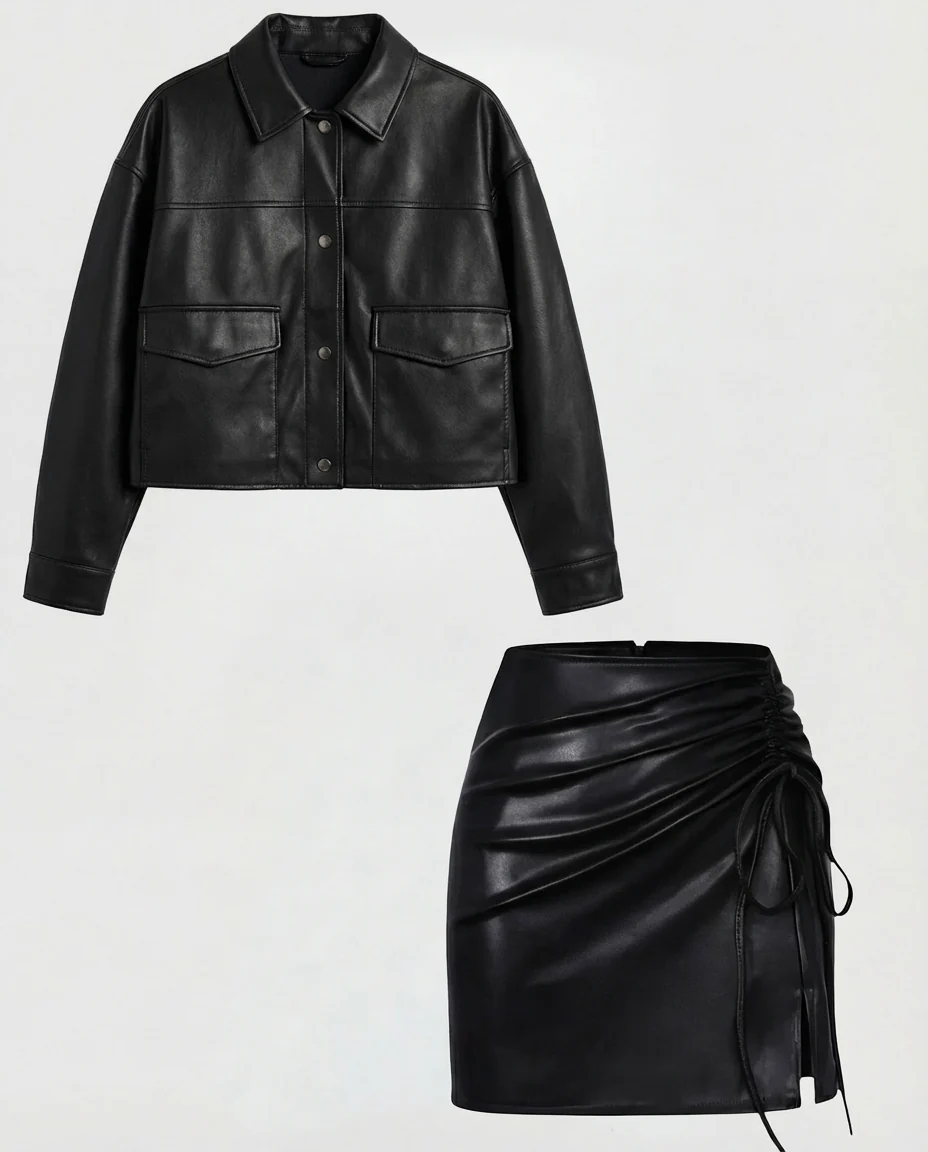 [Set of 2] Black Leather Jacket & Ruched Skirt Set - Image 5
