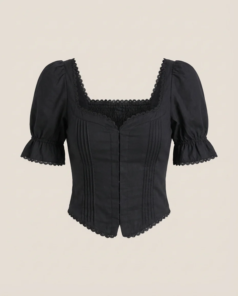 Black Lace Up Pintuck Detail Top - Image 5
