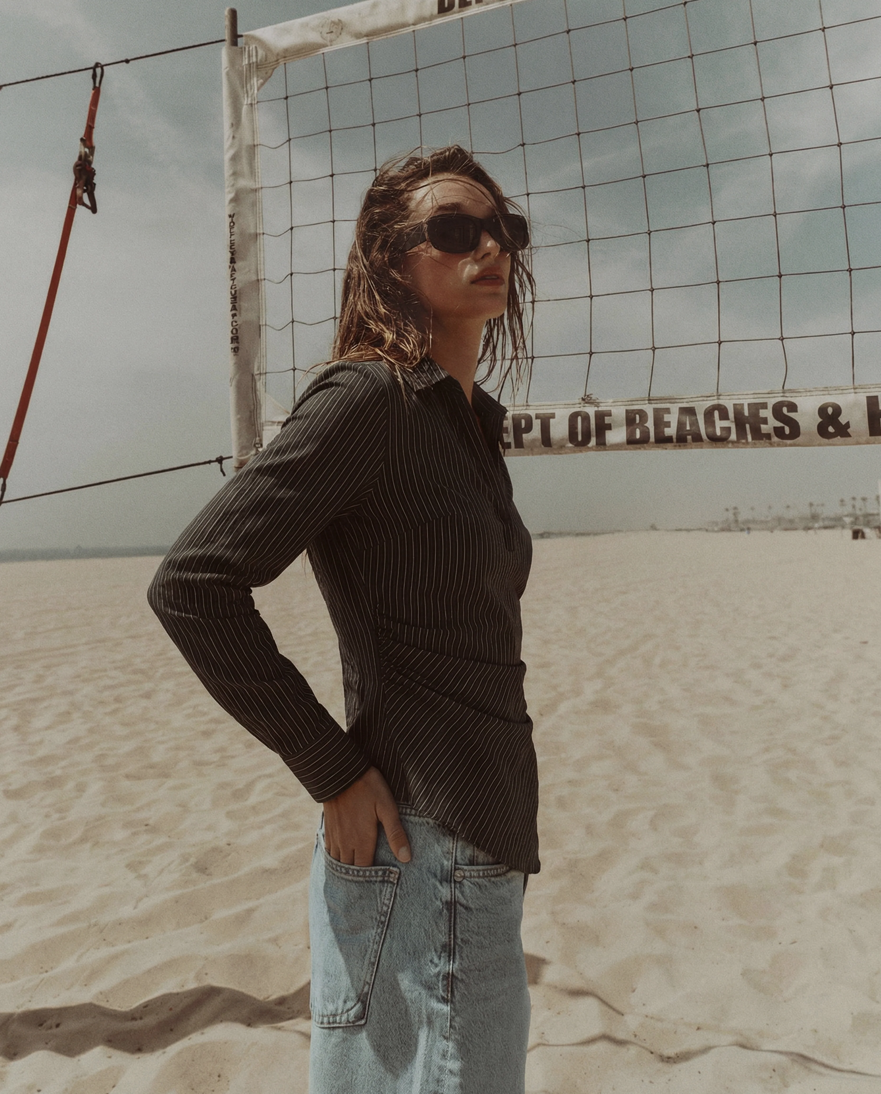 Black Pinstripe Asymmetric Hem Shirt - Image 3