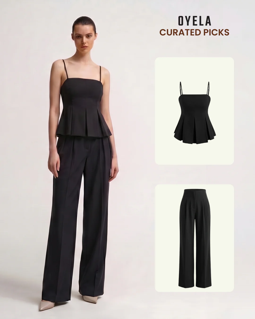 Black Pleated Spaghetti Top and Smocked Detail Korean Trousers