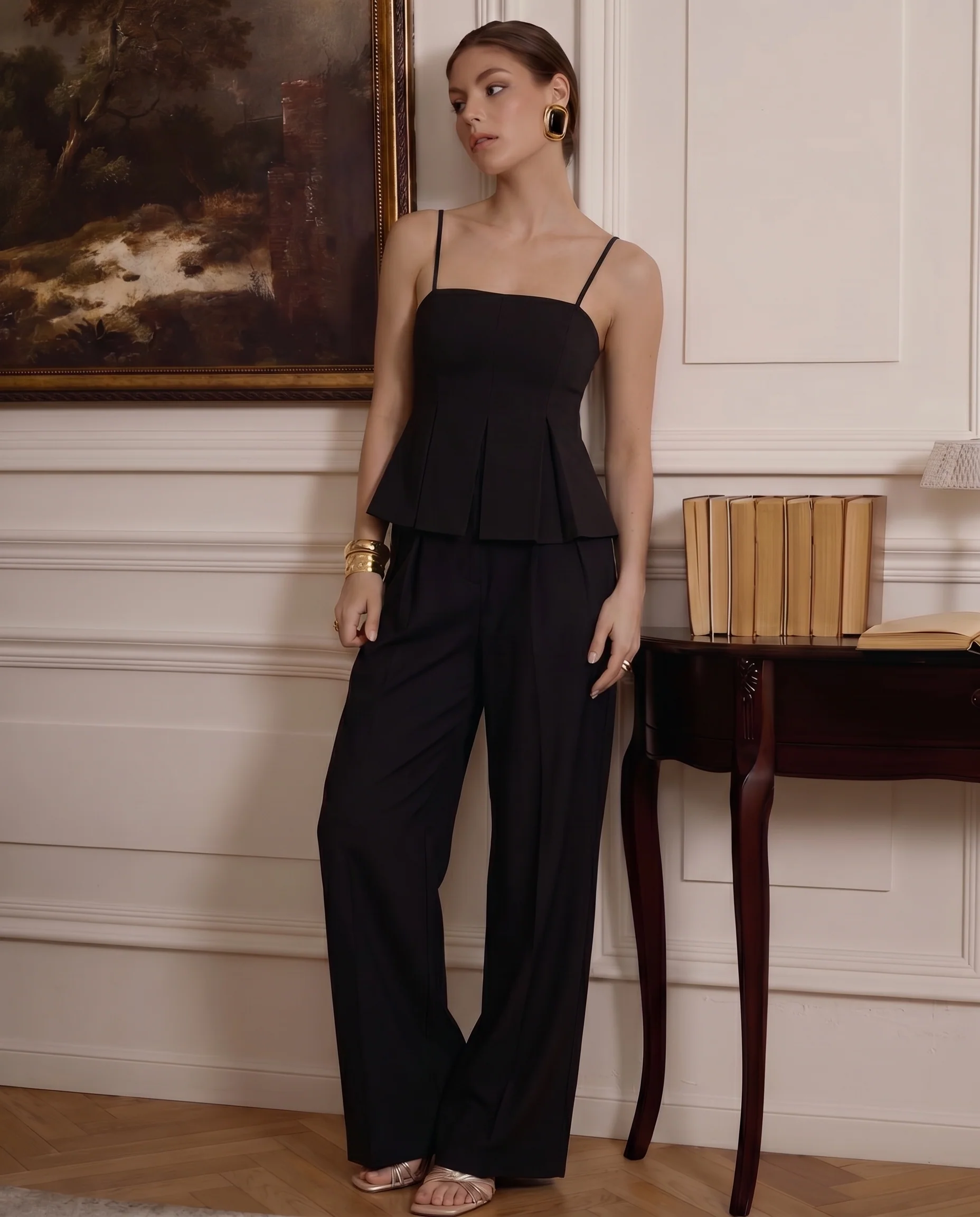 Black Pleated Spaghetti Top and Smocked Detail Korean Trousers - Image 3