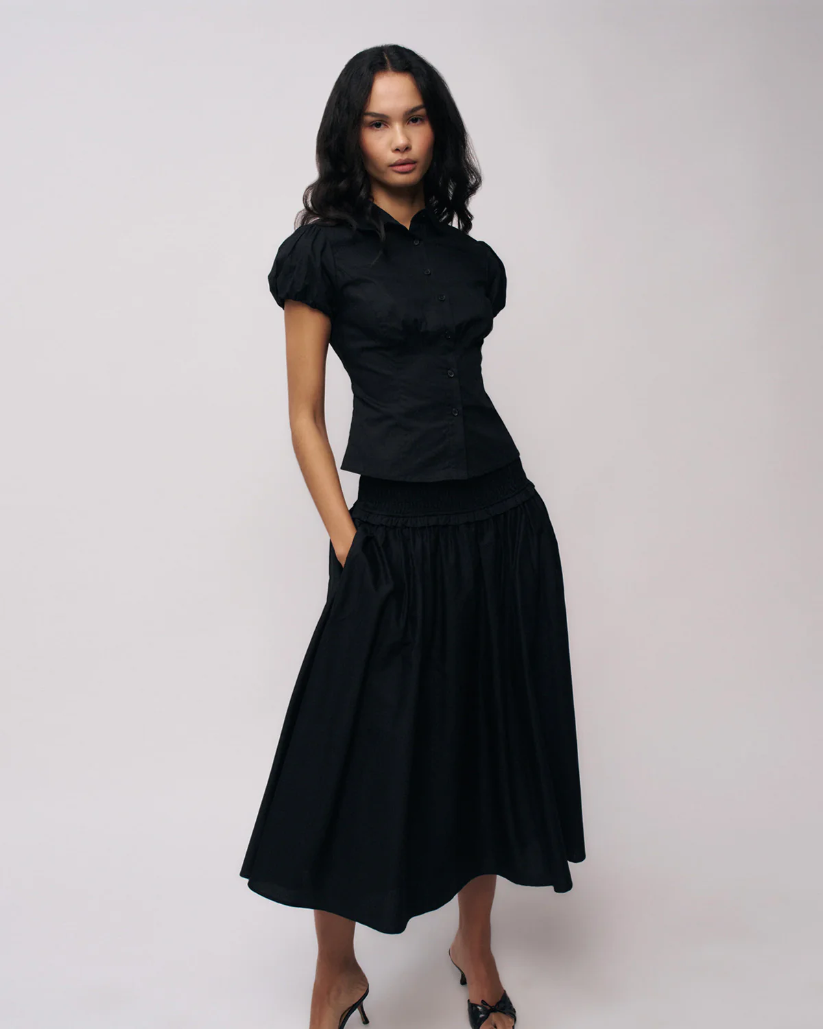 Black Puff Sleeve Shirt Style Top - Image 4