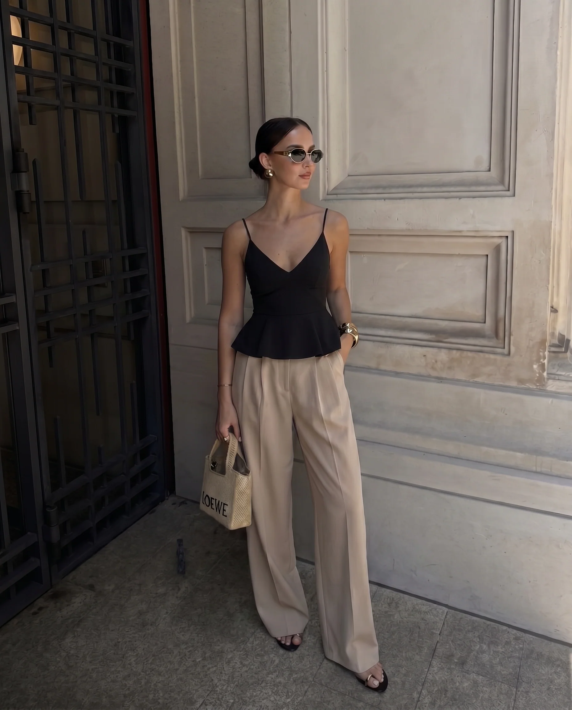 Black Spaghetti Cotton Top and Corset Waist Pleated Pants - Image 3