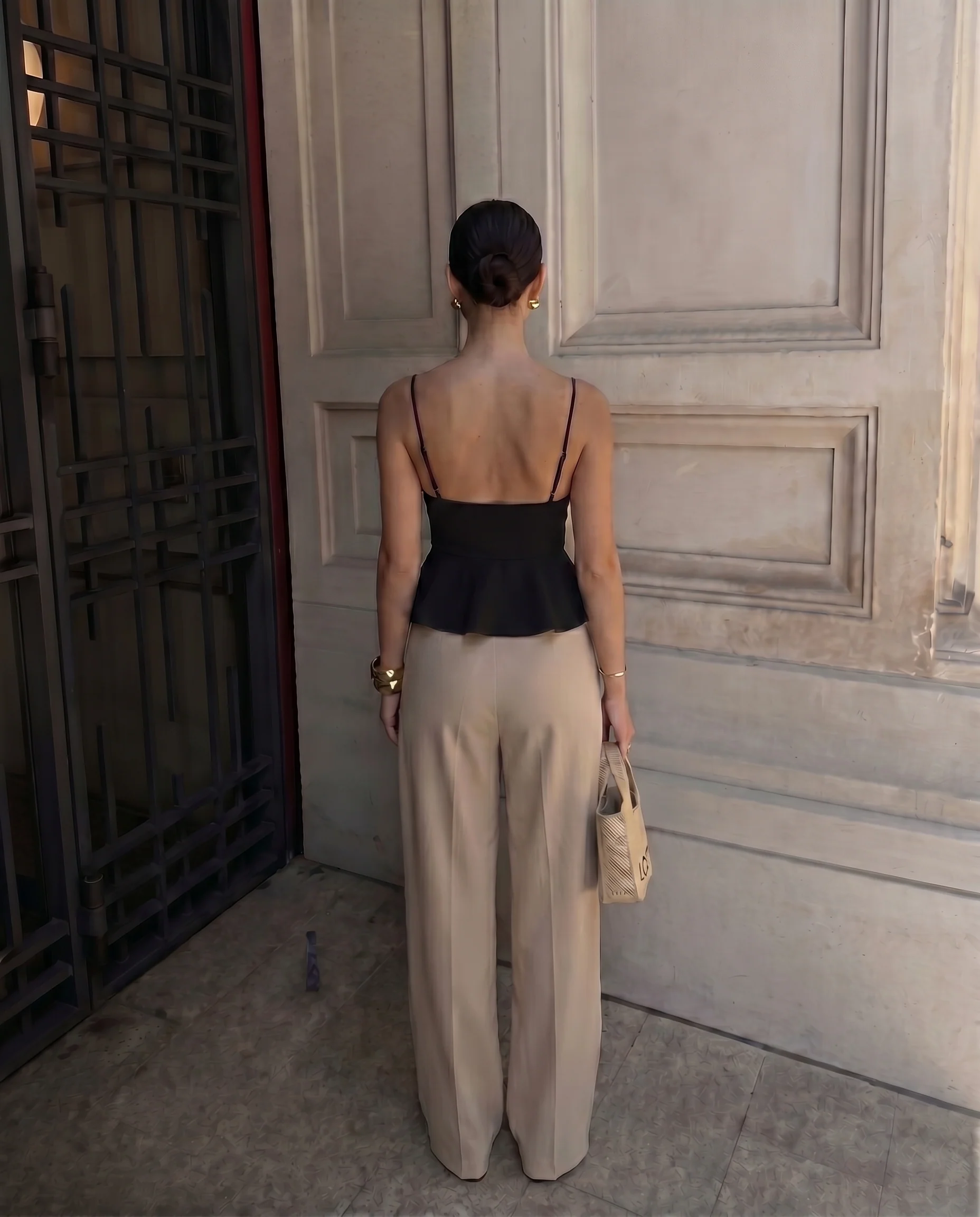 Black Spaghetti Cotton Top and Corset Waist Pleated Pants - Image 4