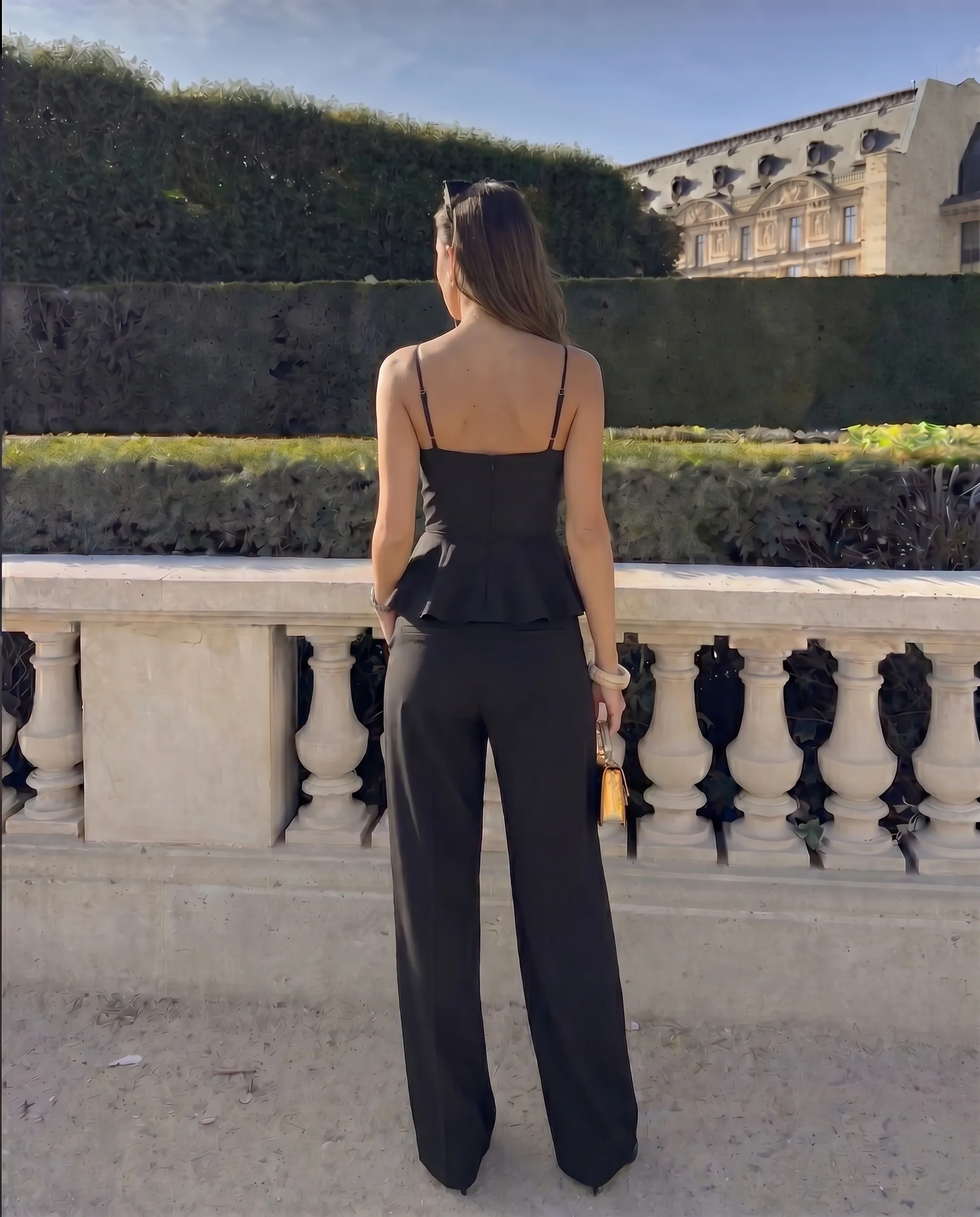 Black Spaghetti Cotton Top and Smocked Detail Korean Trousers - Image 4