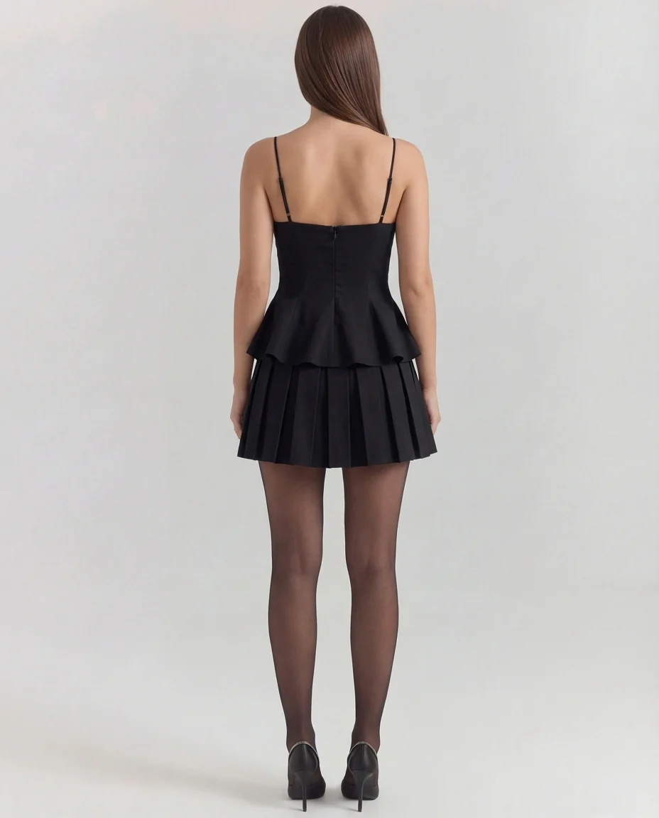 Black Spaghetti Top With Pleated Black Skirt - Image 2