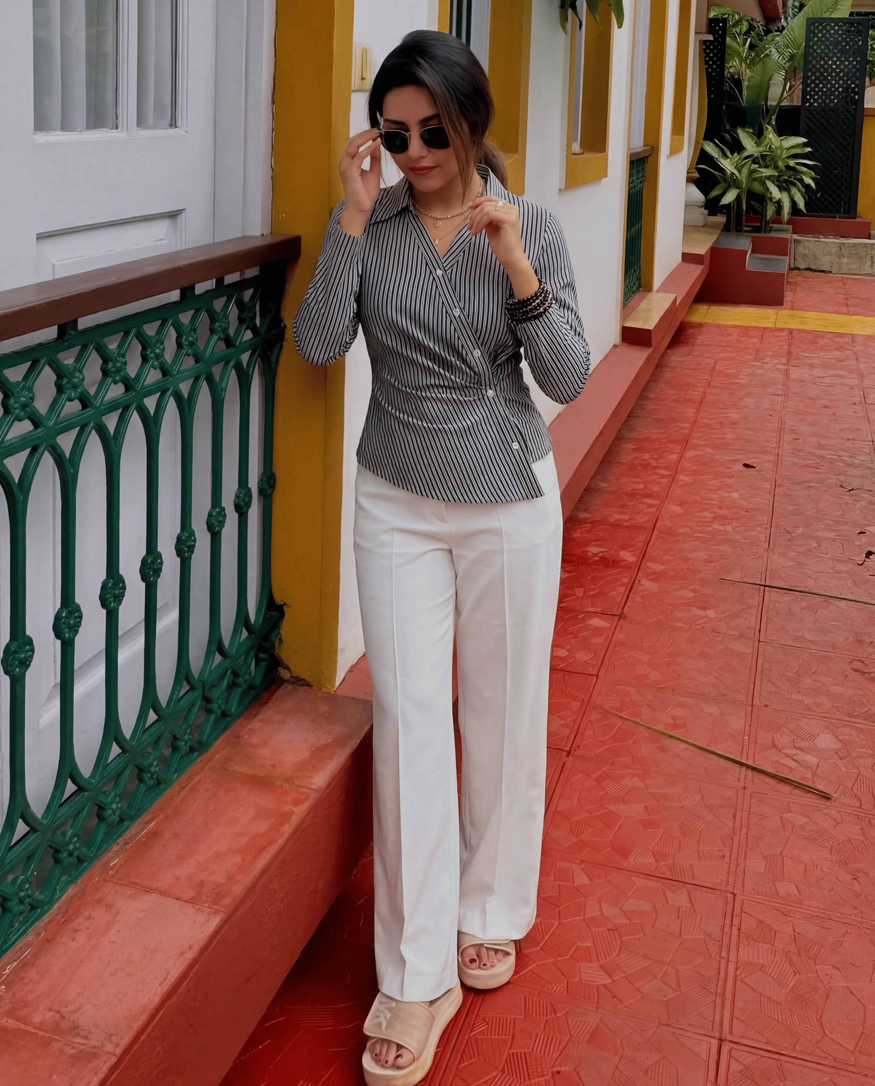 Black Stripe Asymmetric Hem Shirt - Image 6