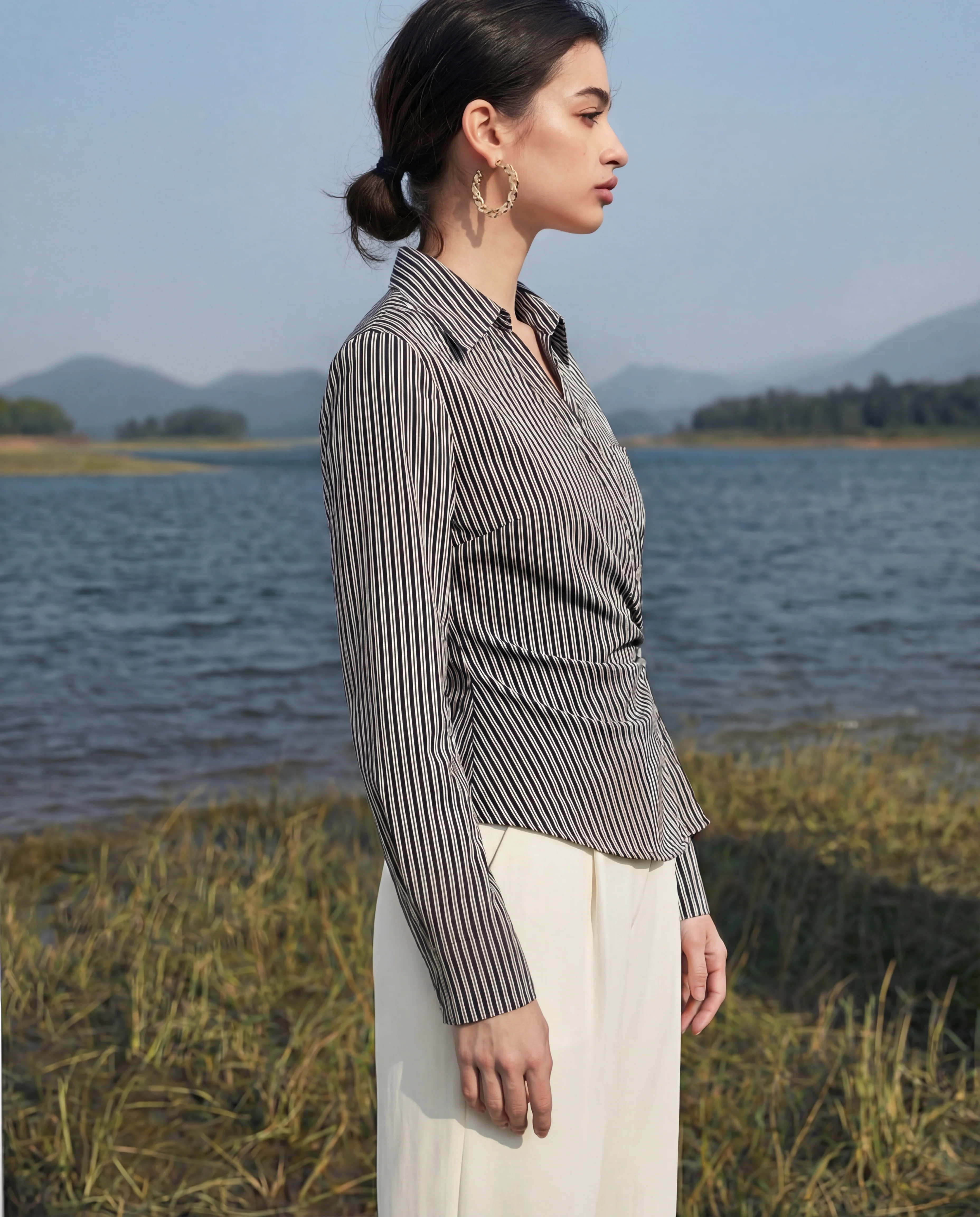 Black Snatched Waist Striped Shirt - Image 2