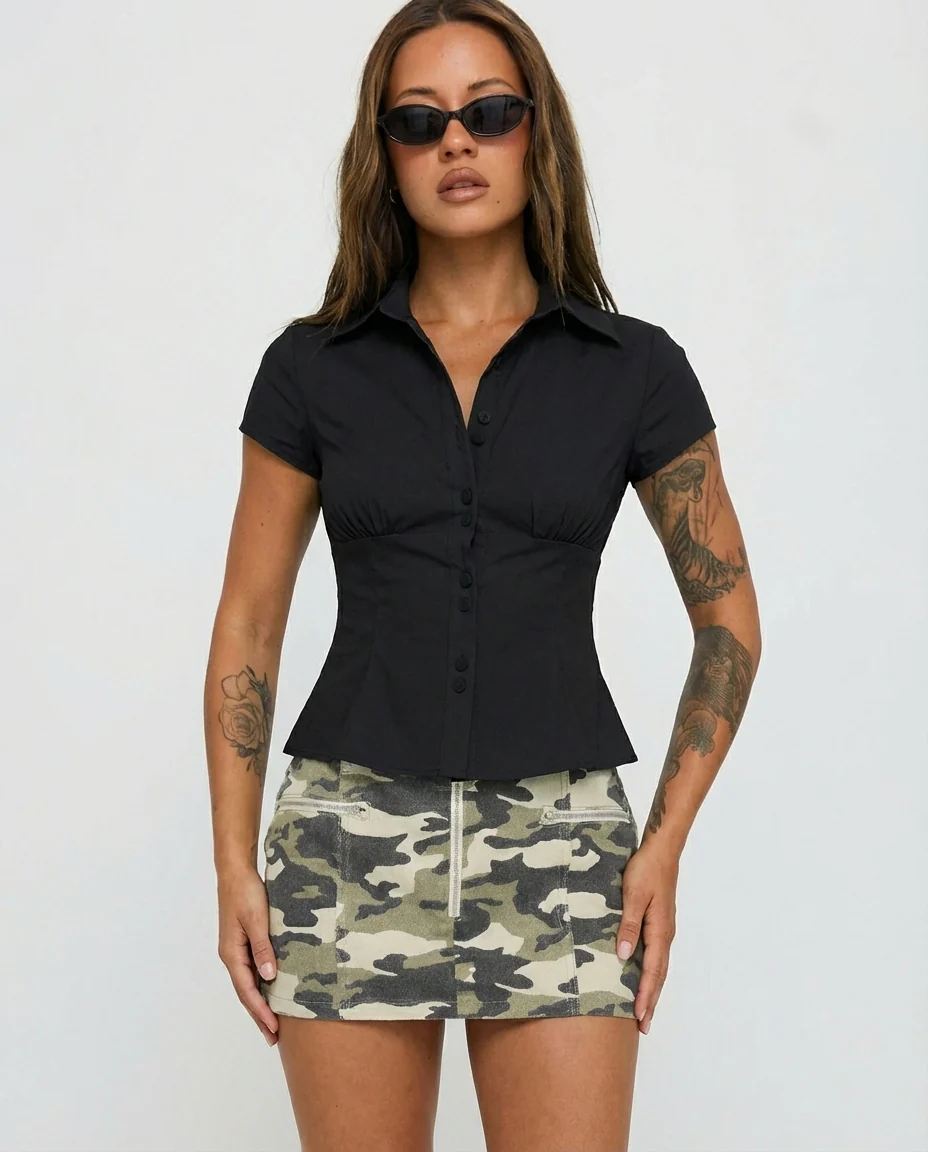 Black Waist Fitted Cotton Shirt - Image 2