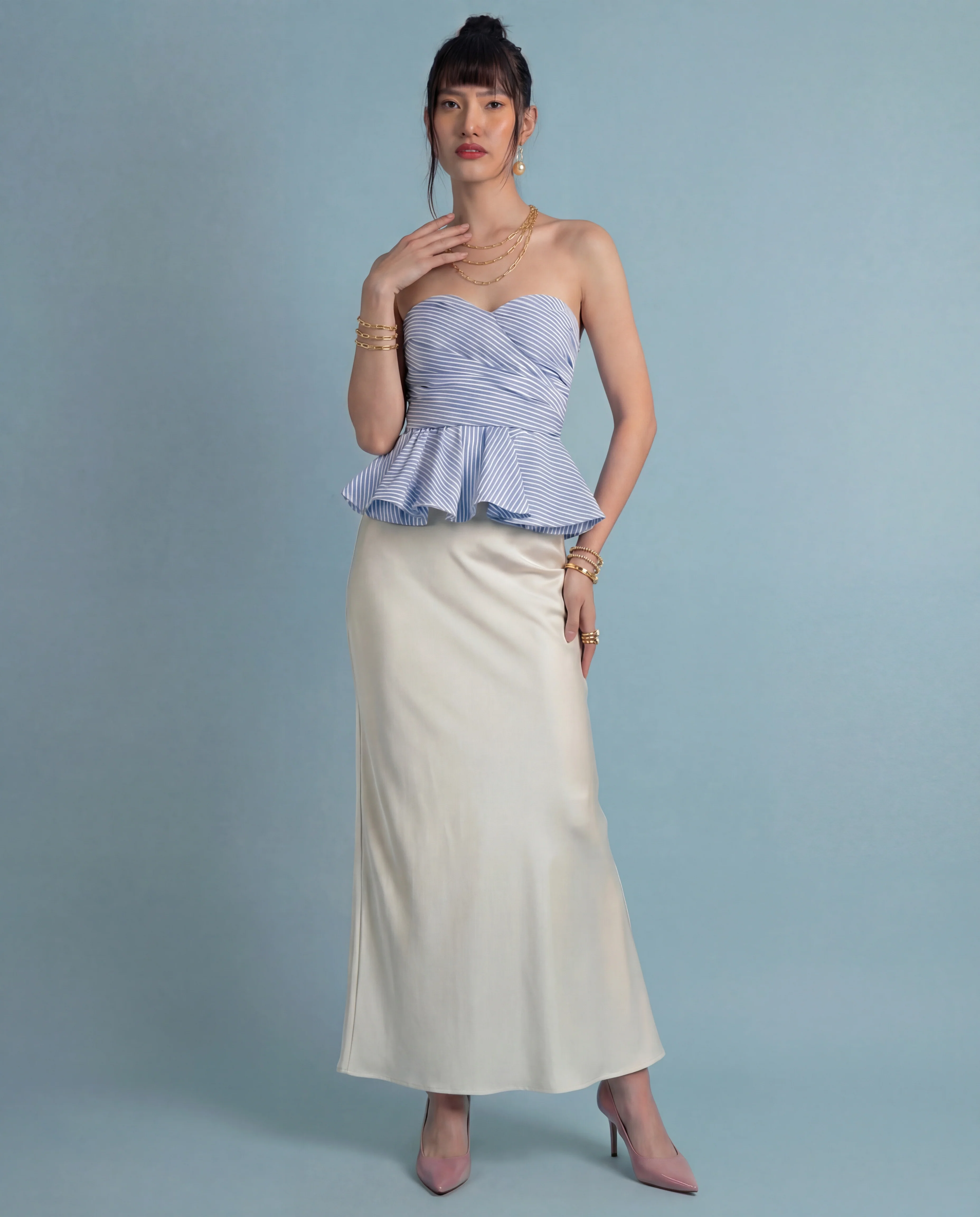 Blue Pinstripe Peplum Top With Ivory Satin Skirt - Image 3