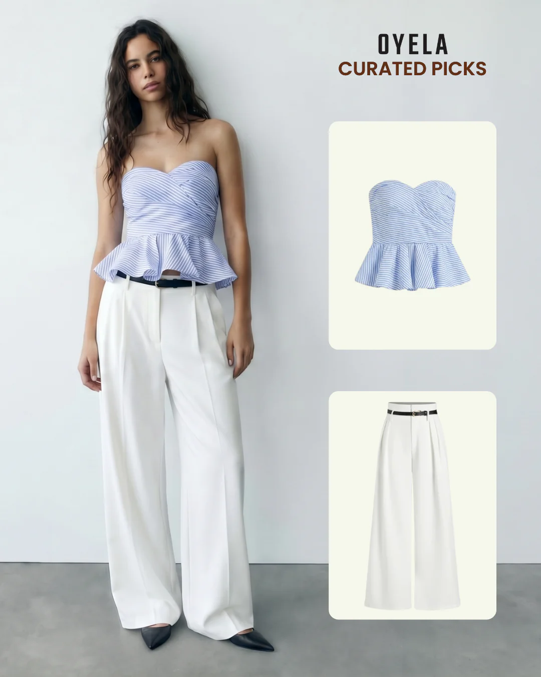 Blue Stripes Bandeau Top and White Pleated Pants with Belt