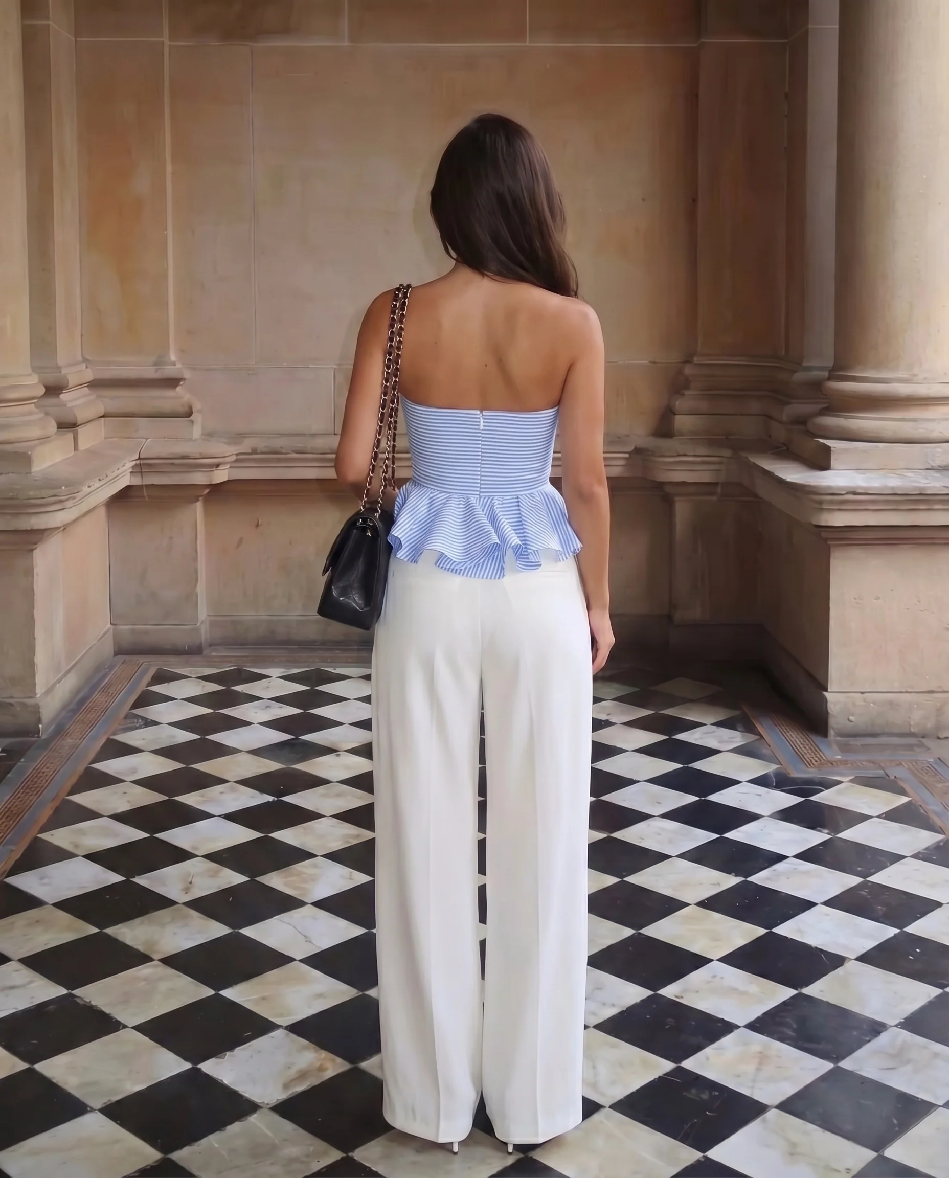 Blue Stripes Bandeau Top and White Pleated Pants with Belt - Image 4
