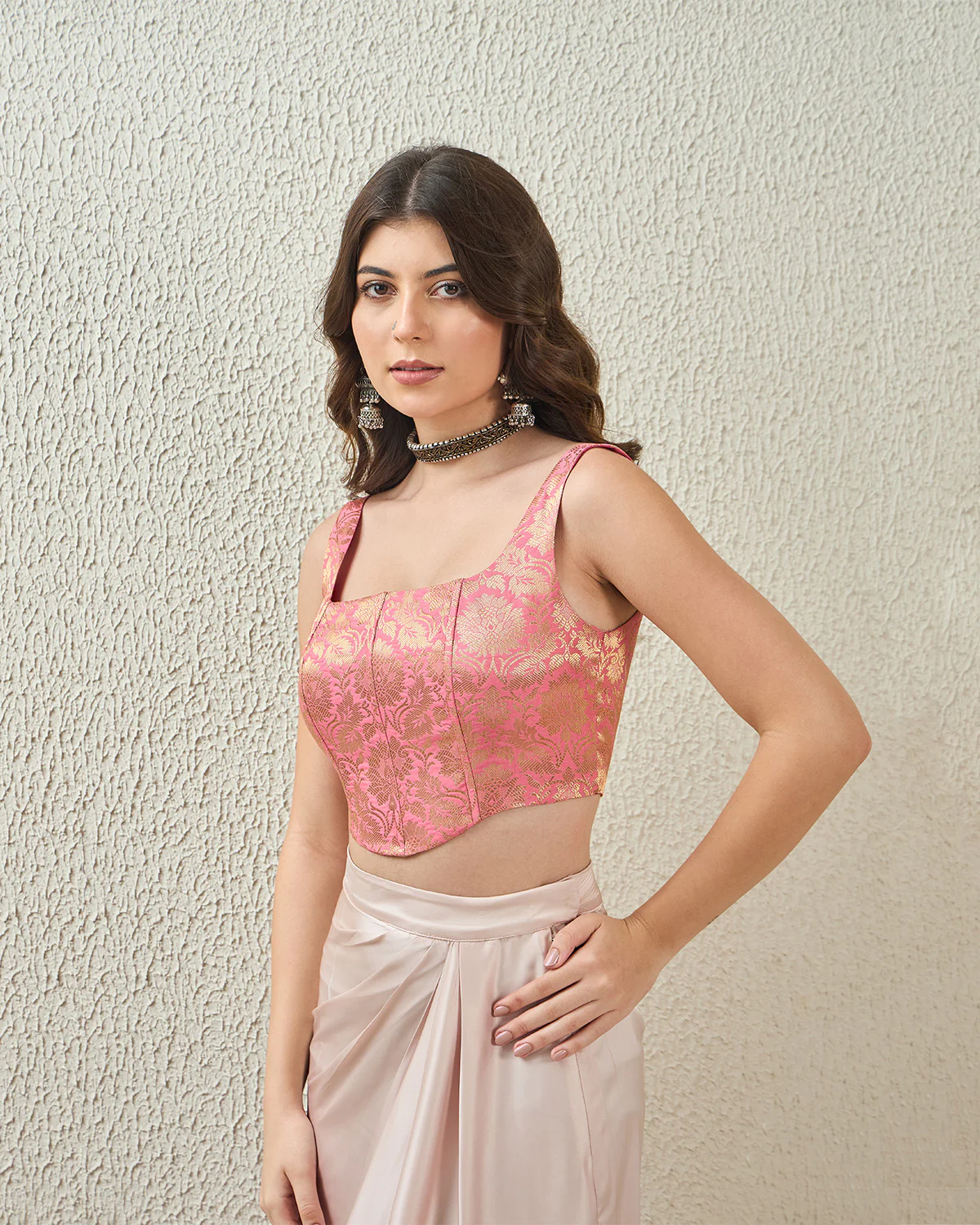 Blush Pink Brocade Corset Top - Image 3