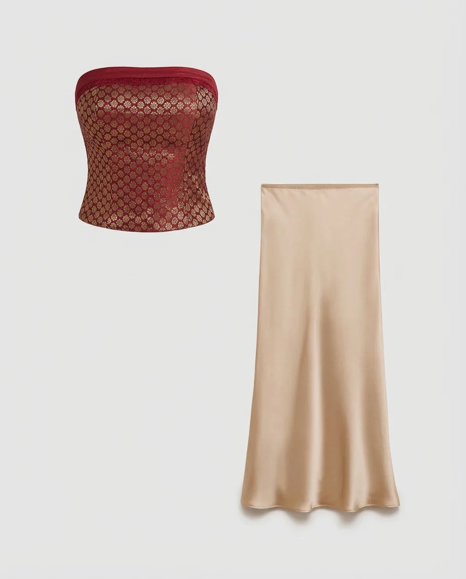 Brocade Corset Top And Champagne Satin Maxi Skirt Set - Image 3