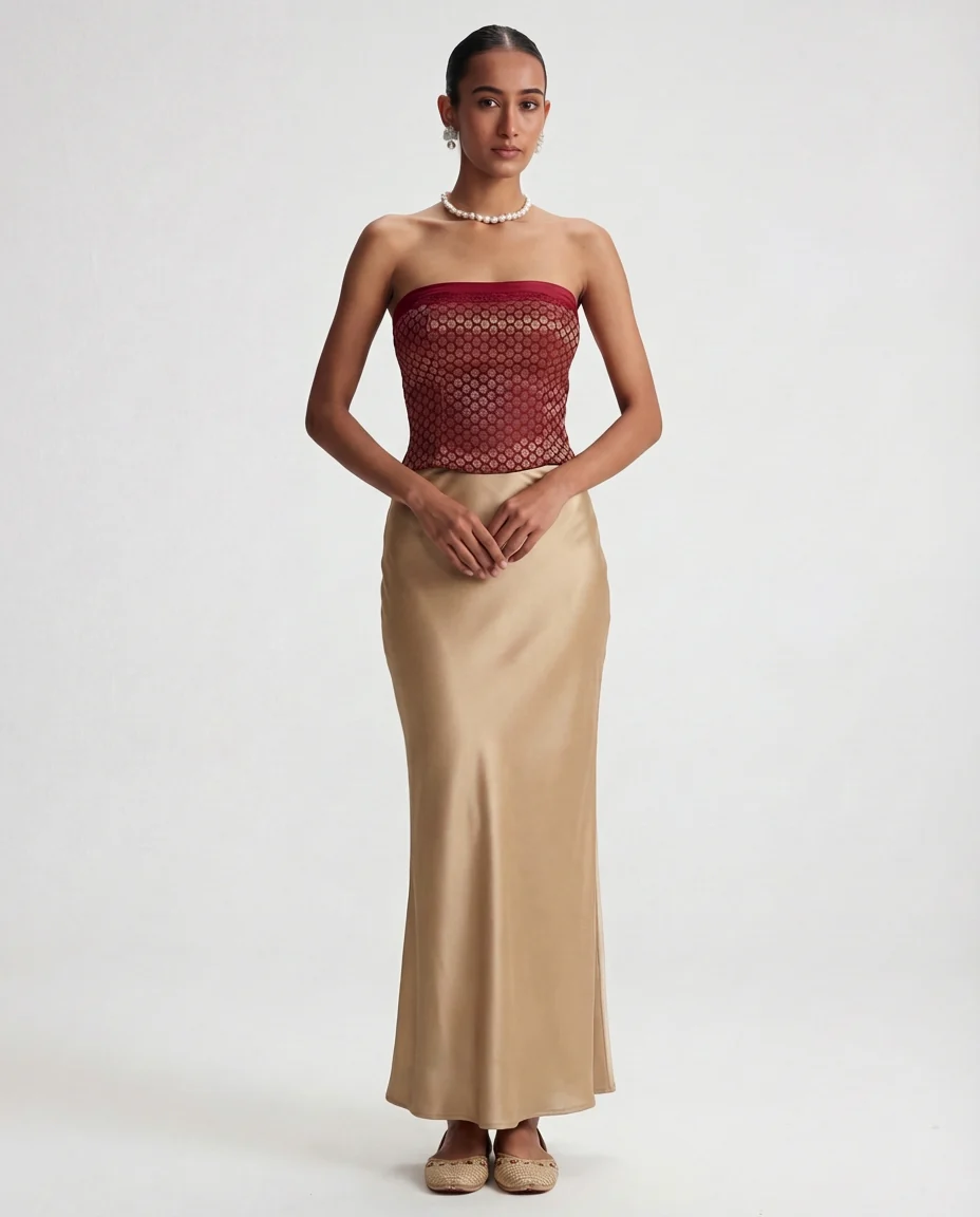 Brocade Corset Top And Champagne Satin Maxi Skirt Set - Image 4