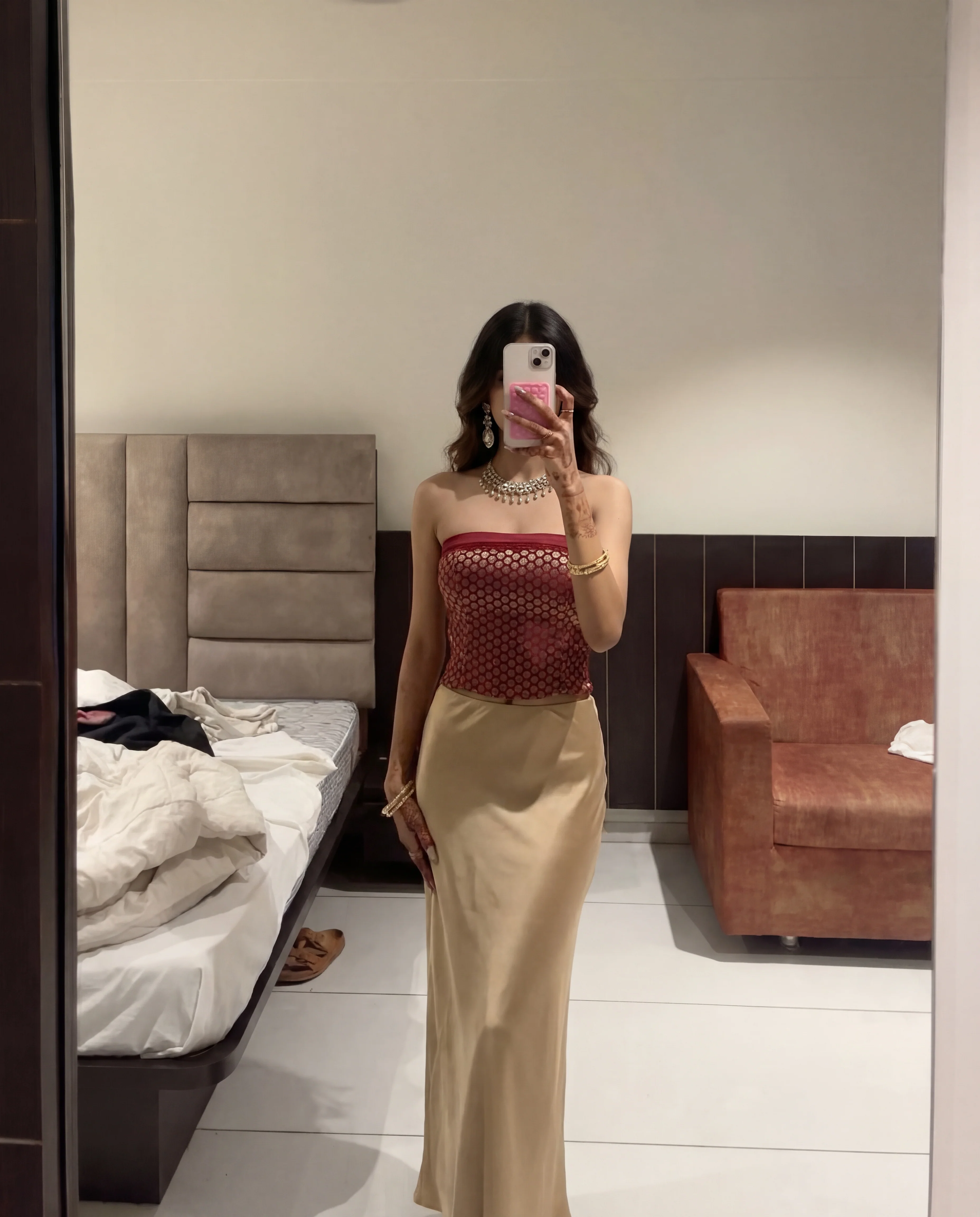 Brocade Corset Top And Champagne Satin Maxi Skirt Set - Image 5