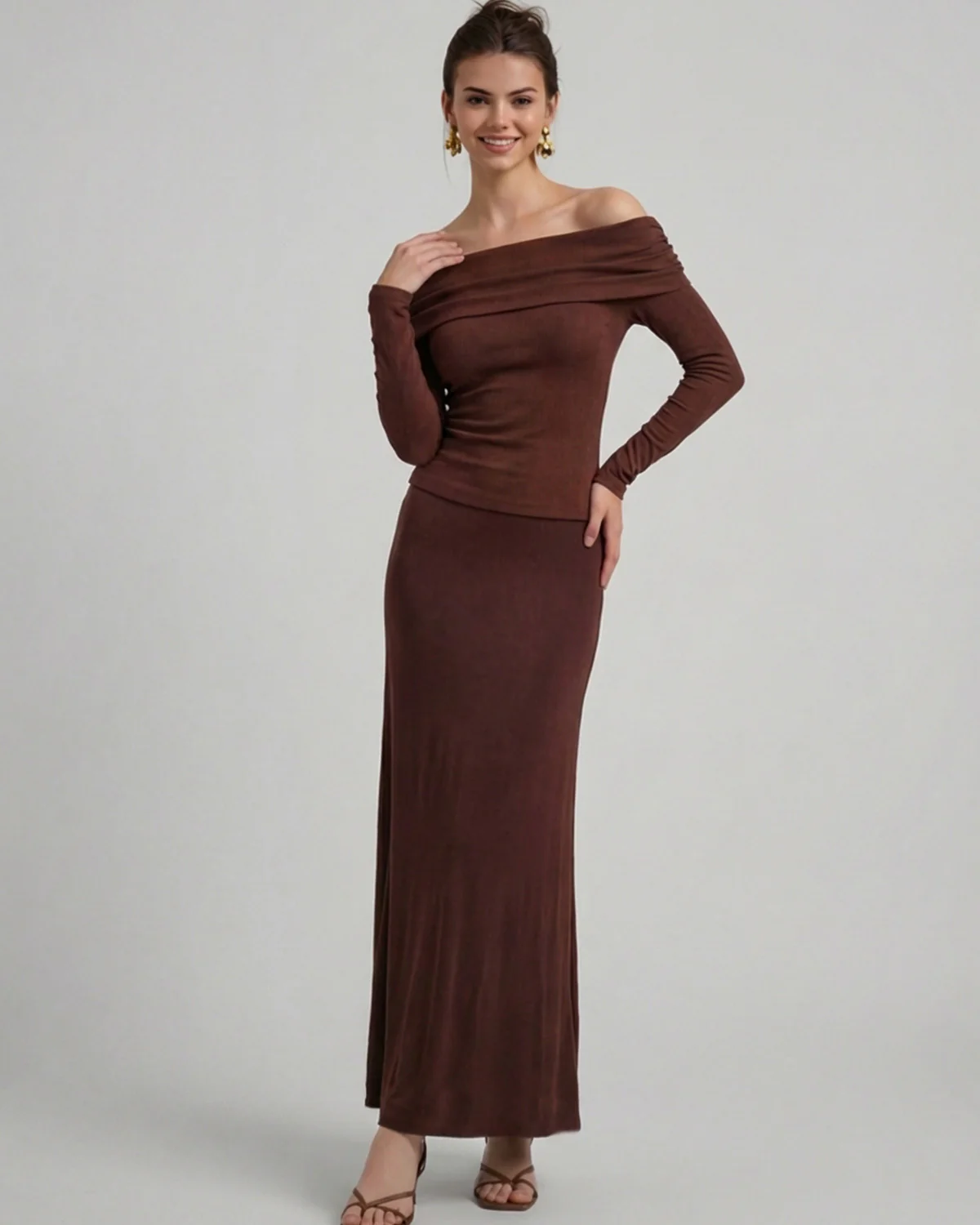 Brown Bardot Top With Skirt - Coord Set - Image 2