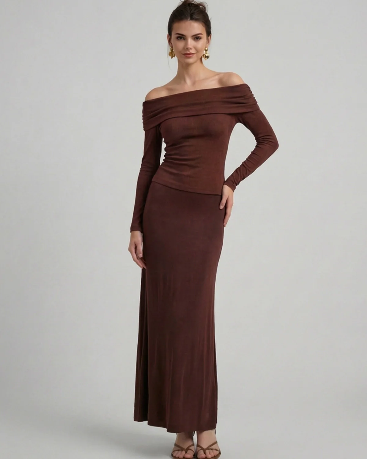 Brown Bardot Top With Skirt - Coord Set - Image 3