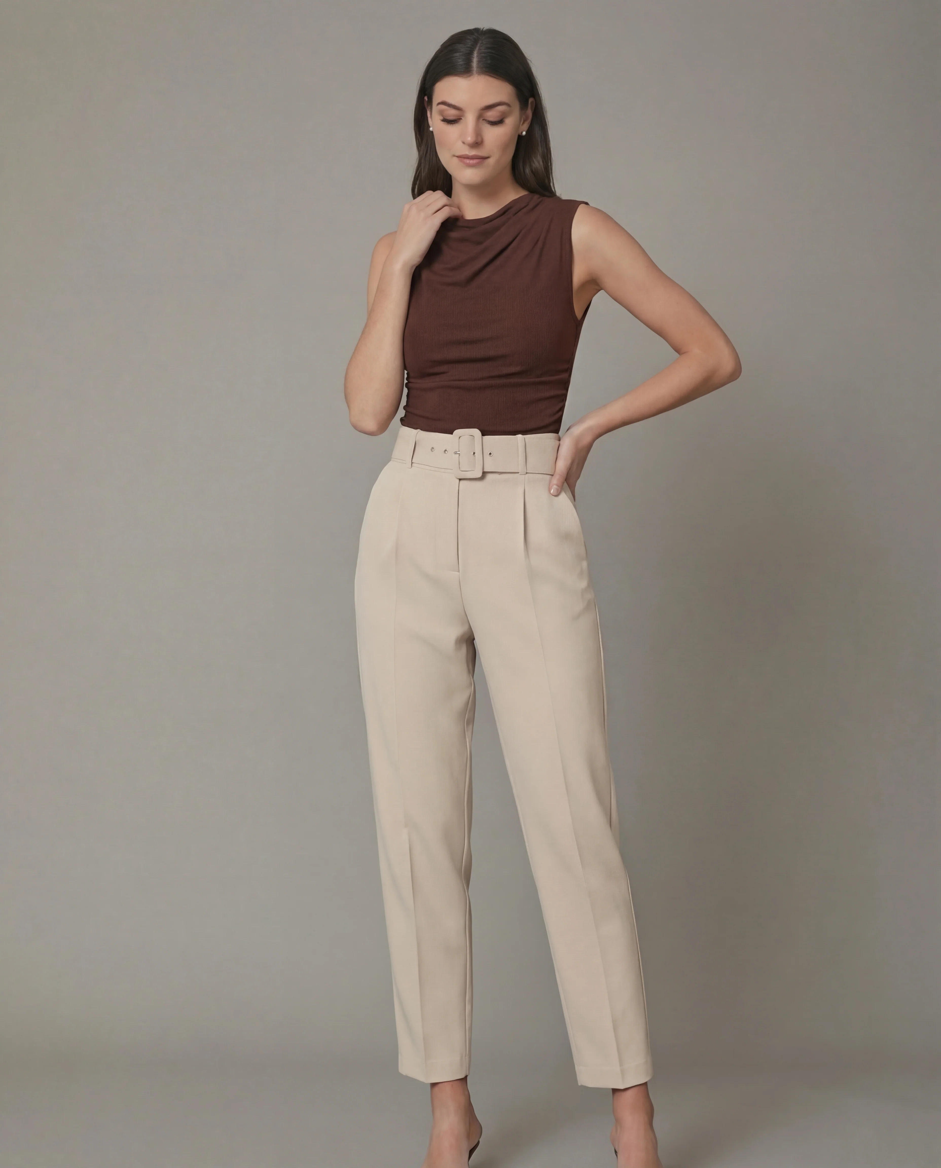 Brown Cowl Neck Top with Beige Belted Tapered Pants Set - Image 2