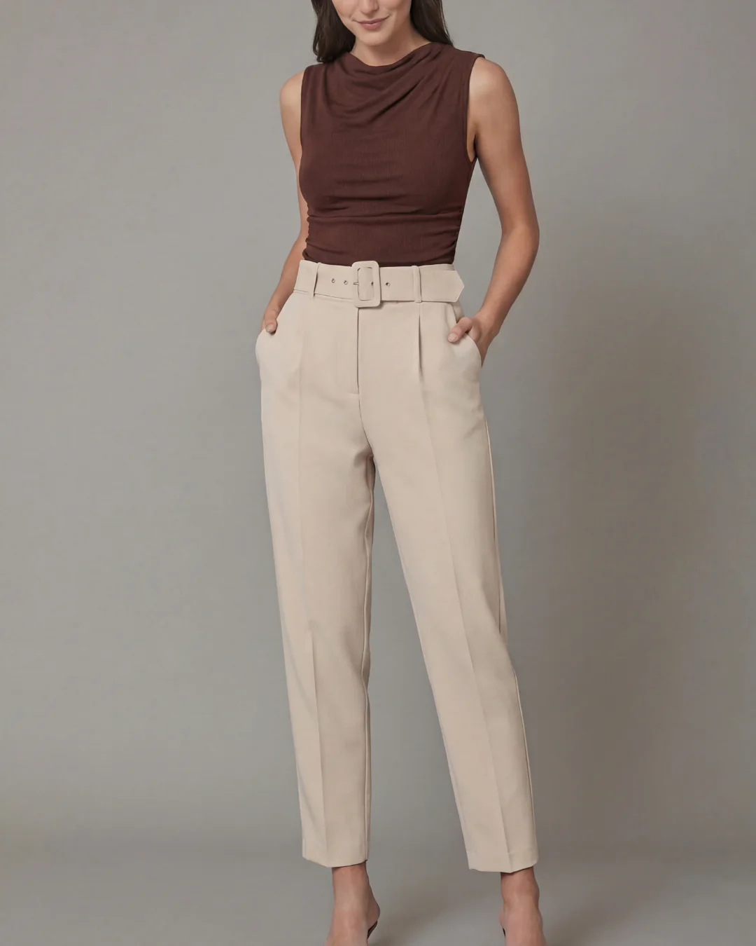 Brown Cowl Neck Top with Beige Belted Tapered Pants Set - Image 4