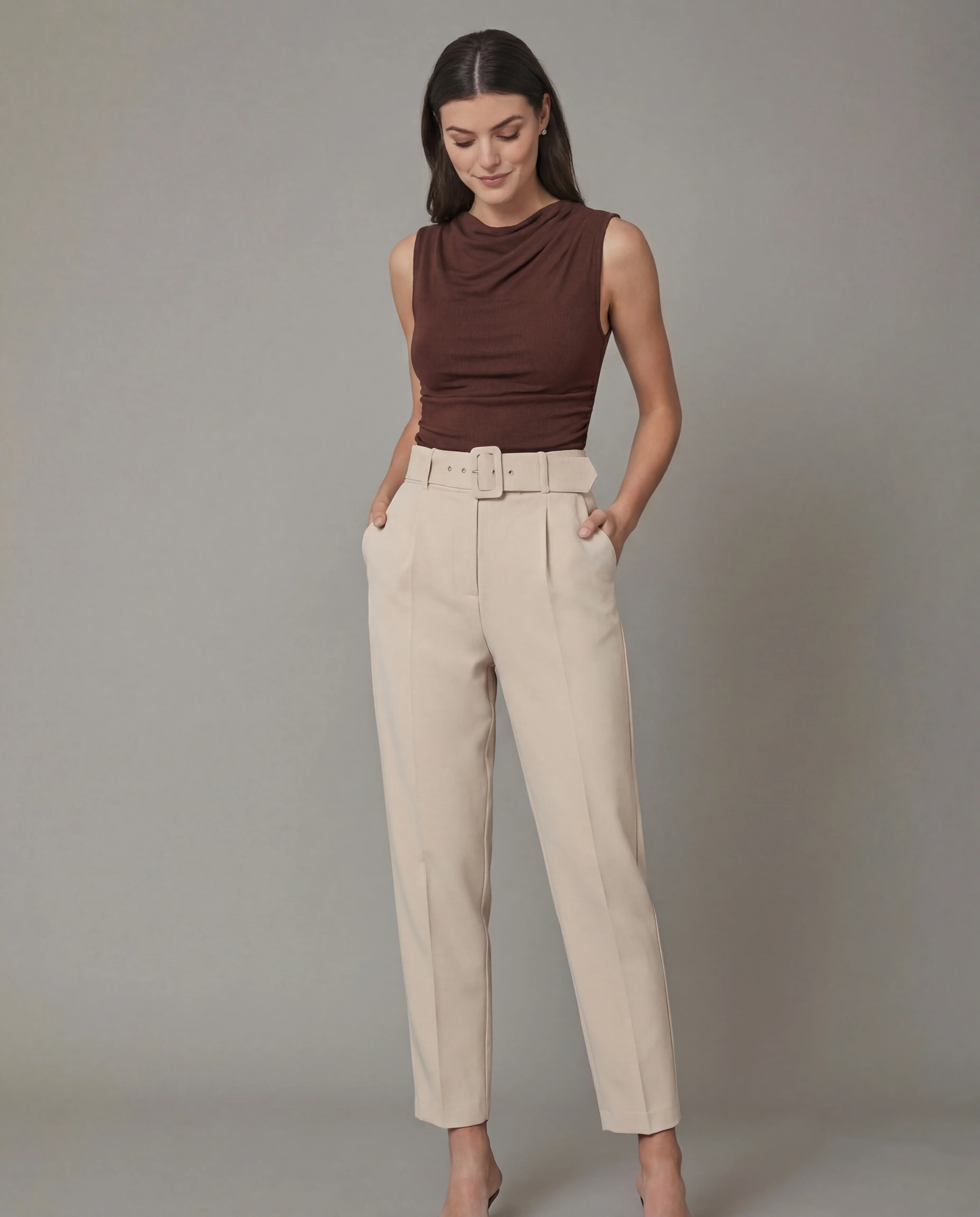 Brown Cowl Neck Top with Beige Belted Tapered Pants Set - Image 5