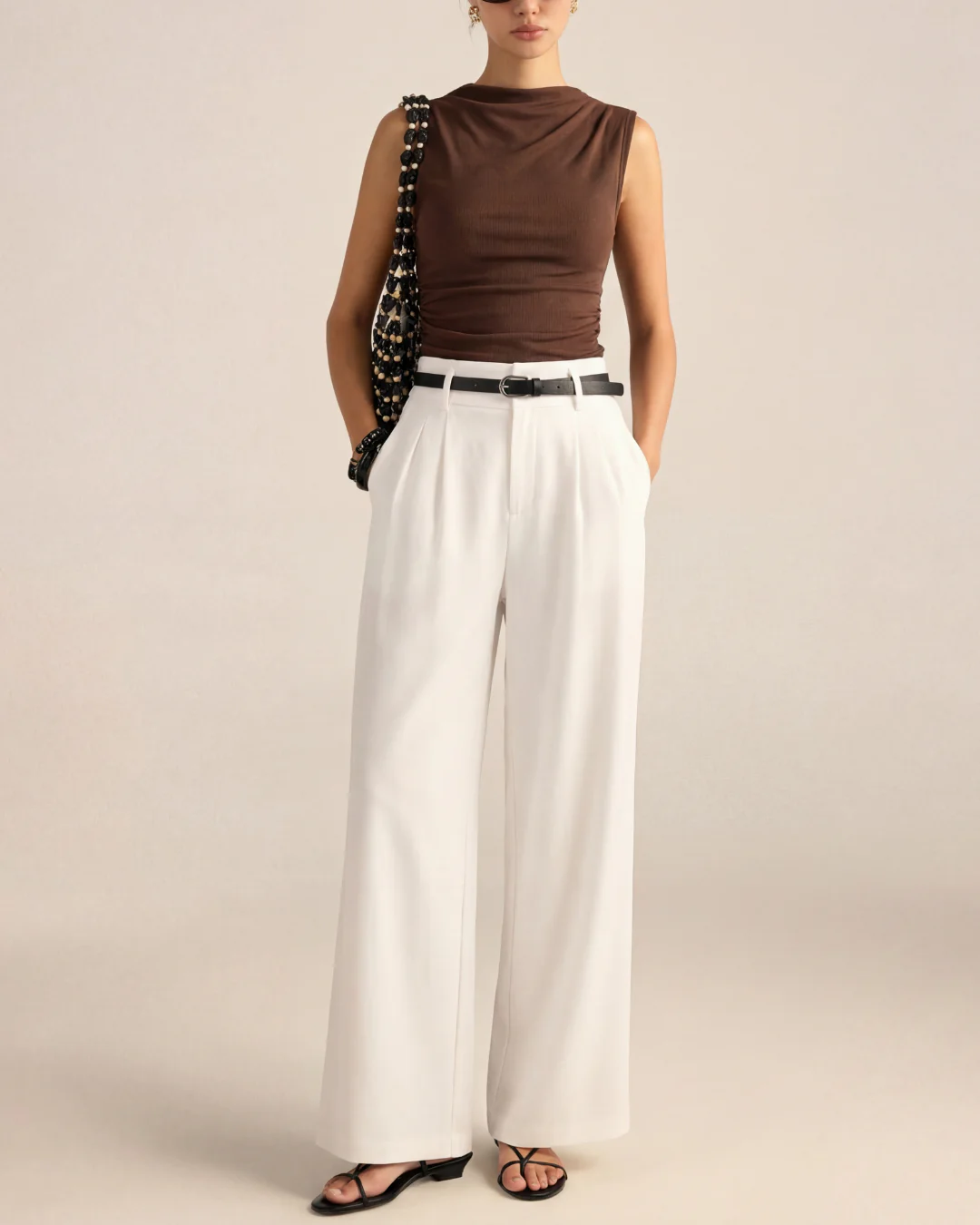 Brown Cowl Neck Ribbed Top And White Pleated Pants Set (With Belt) - Image 4