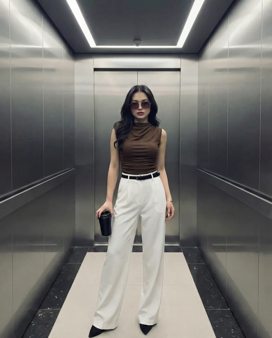 Brown Cowl Neck Ribbed Top And White Pleated Pants Set (With Belt) - Image 6