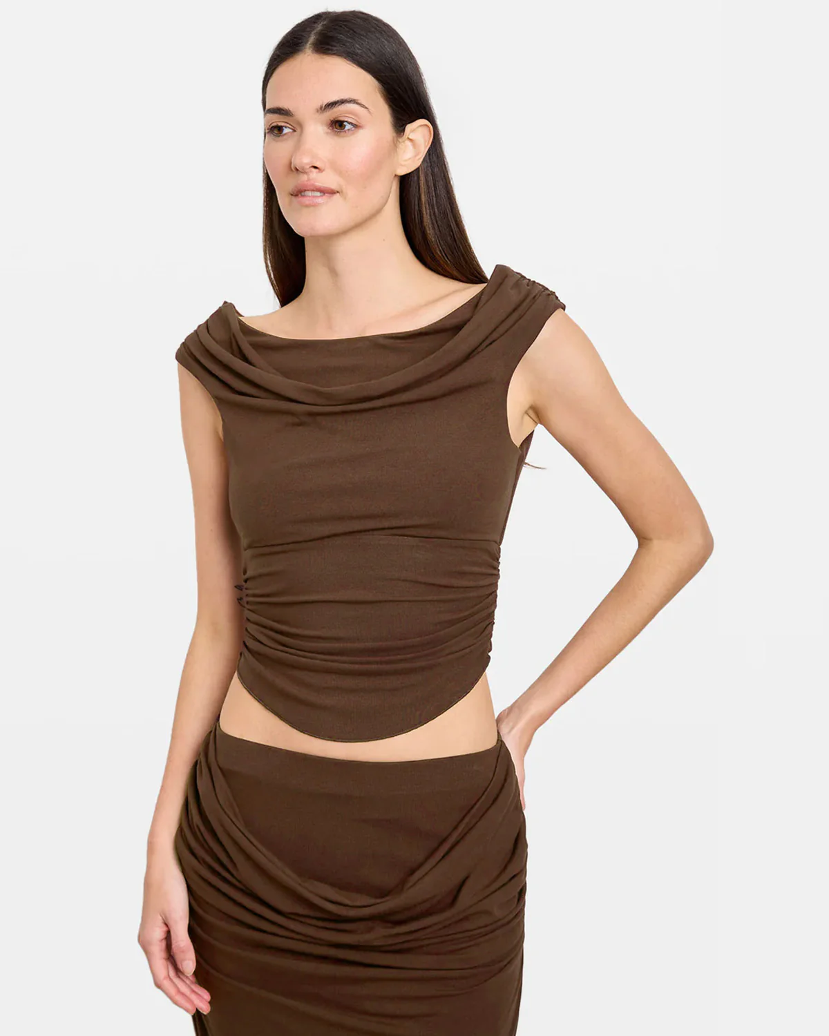 Brown Draped Top And Skirt Set - Image 4