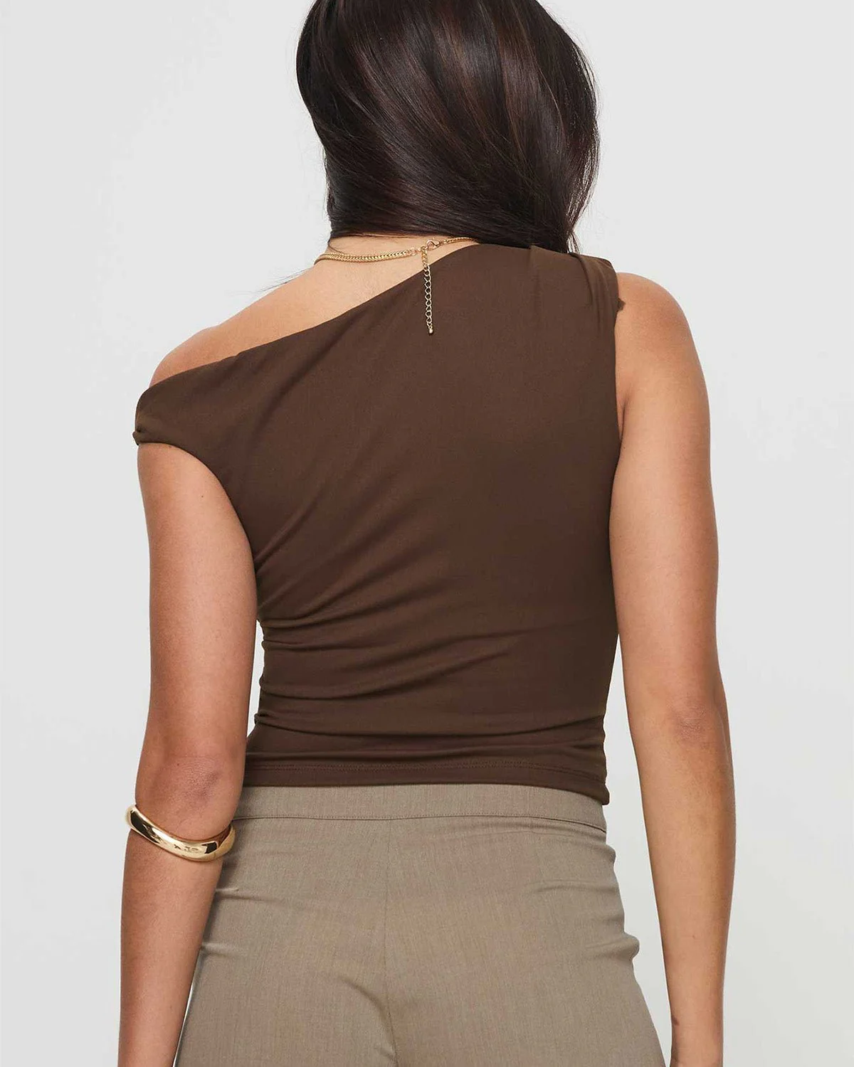 Brown One Shoulder Ribbed Top - Image 3