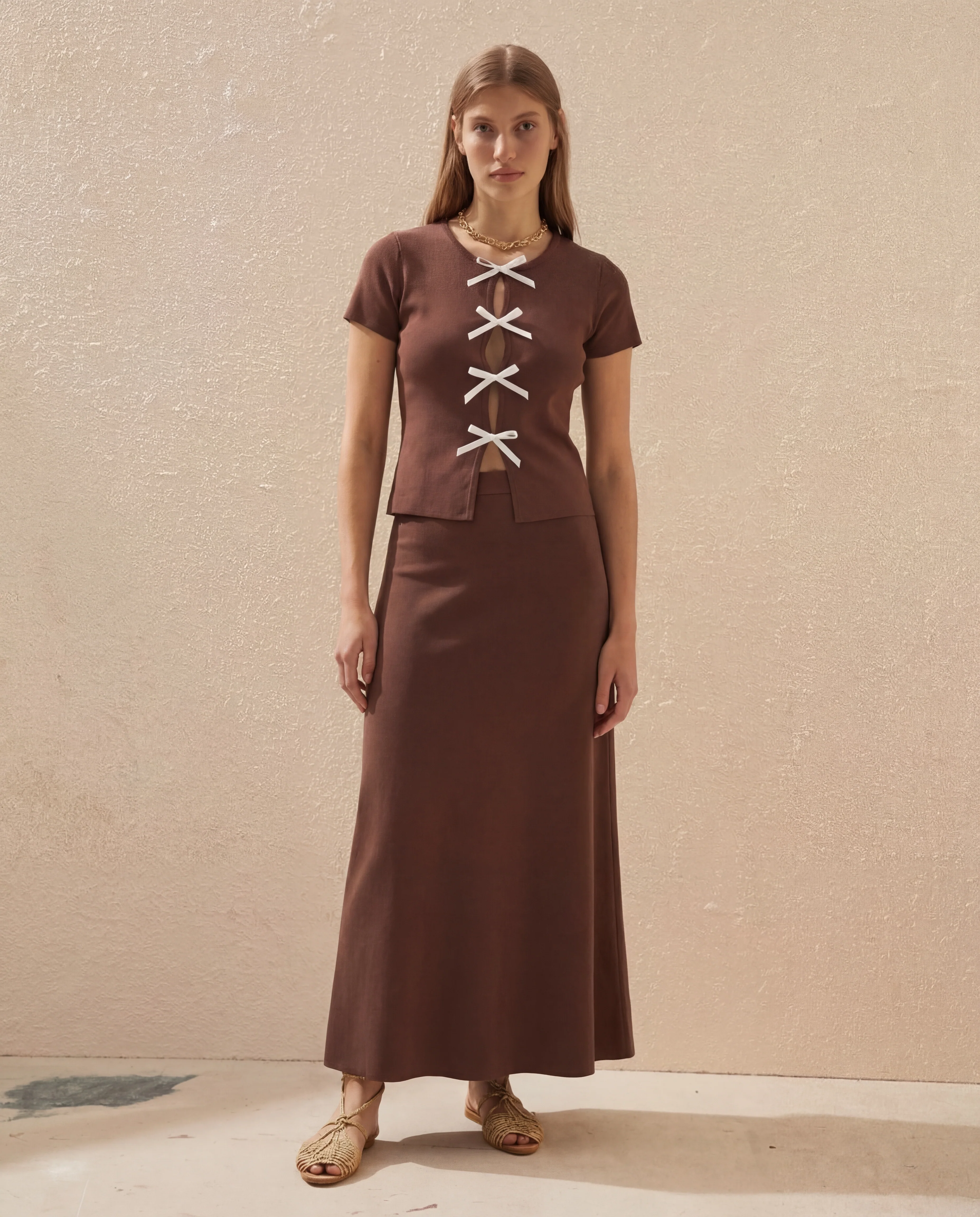Brown Ribbed Bow Top And Skirt Set - Image 2