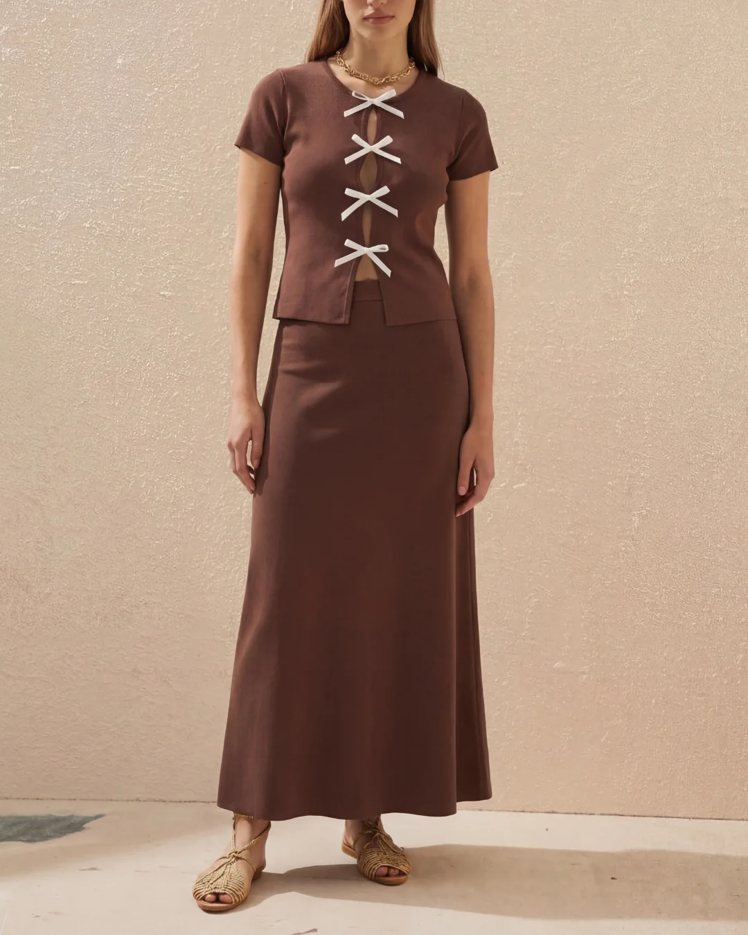 Brown Ribbed Bow Top And Skirt Set - Image 4